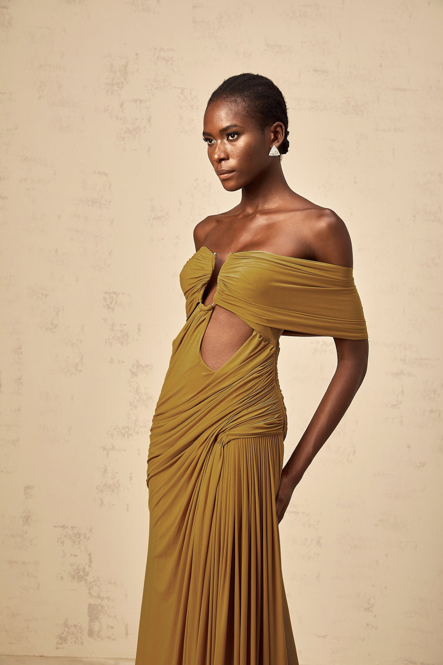 Ludivine ocher offshoulder cutout ruched maxi dress