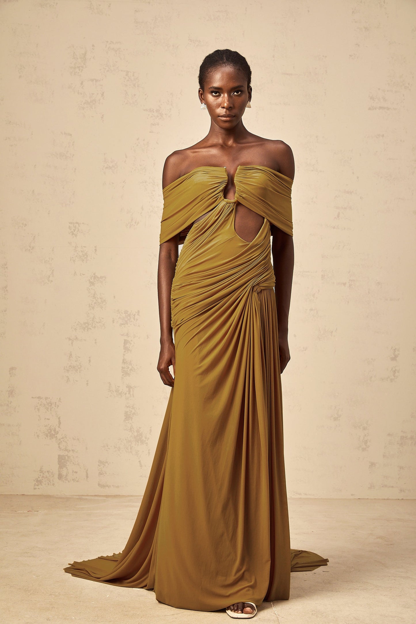 Ludivine ocher offshoulder cutout ruched maxi dress