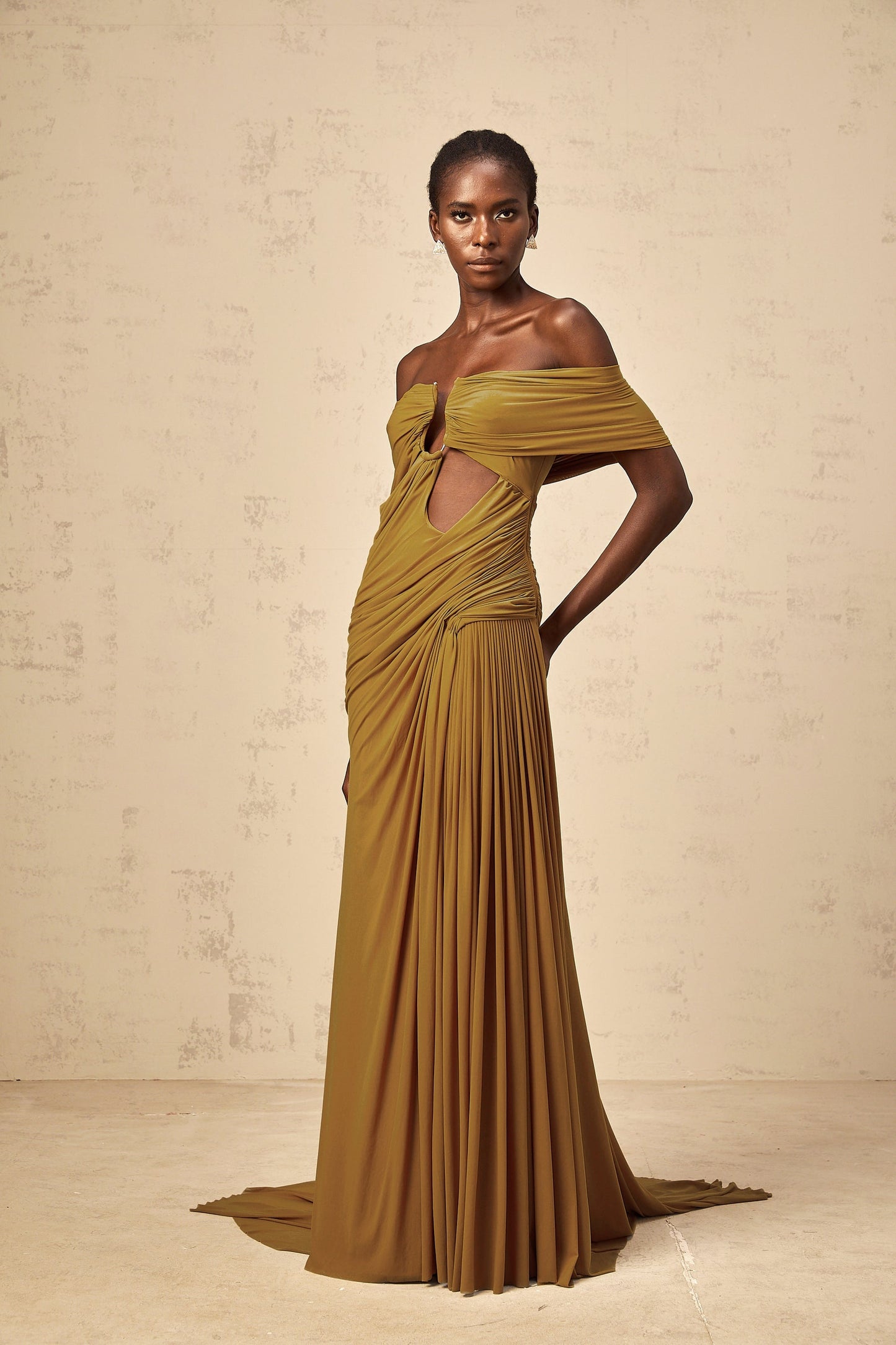 Ludivine ocher offshoulder cutout ruched maxi dress