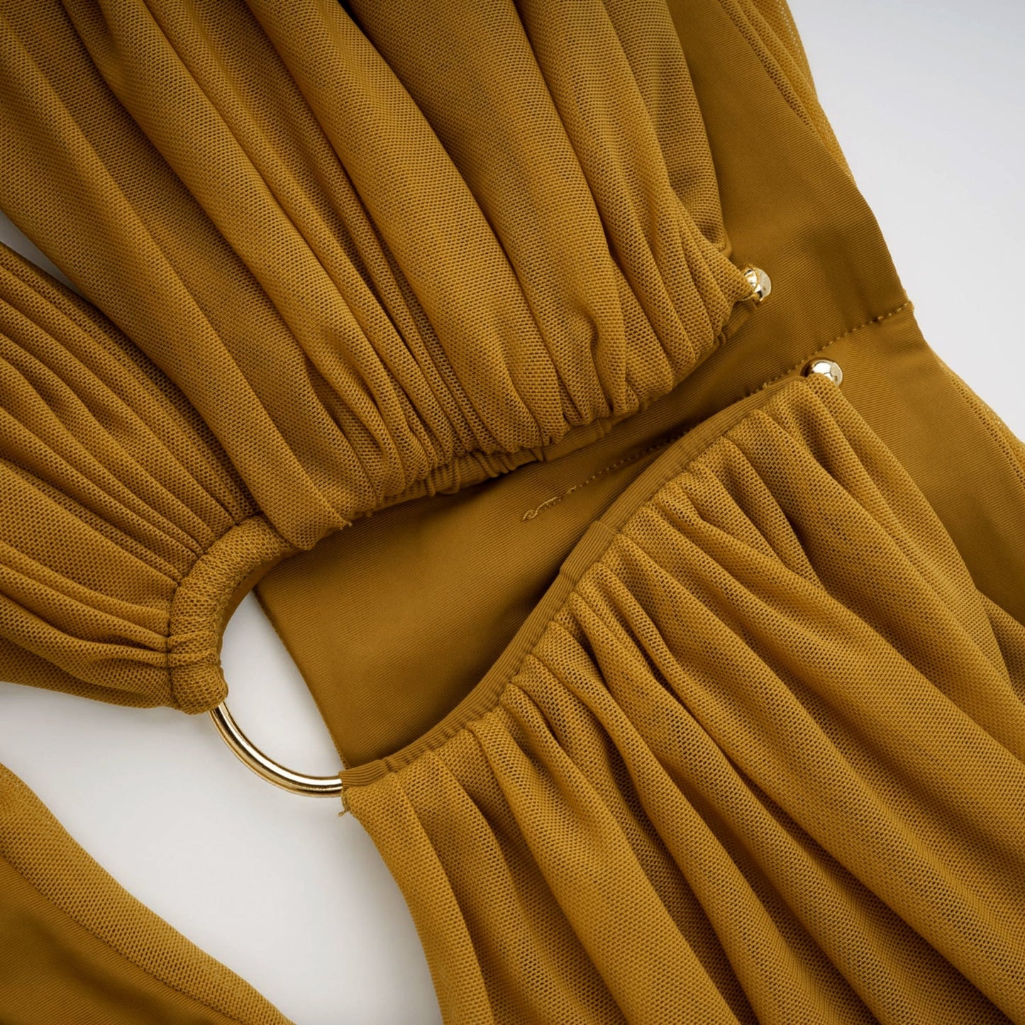 Ludivine ocher offshoulder cutout ruched maxi dress