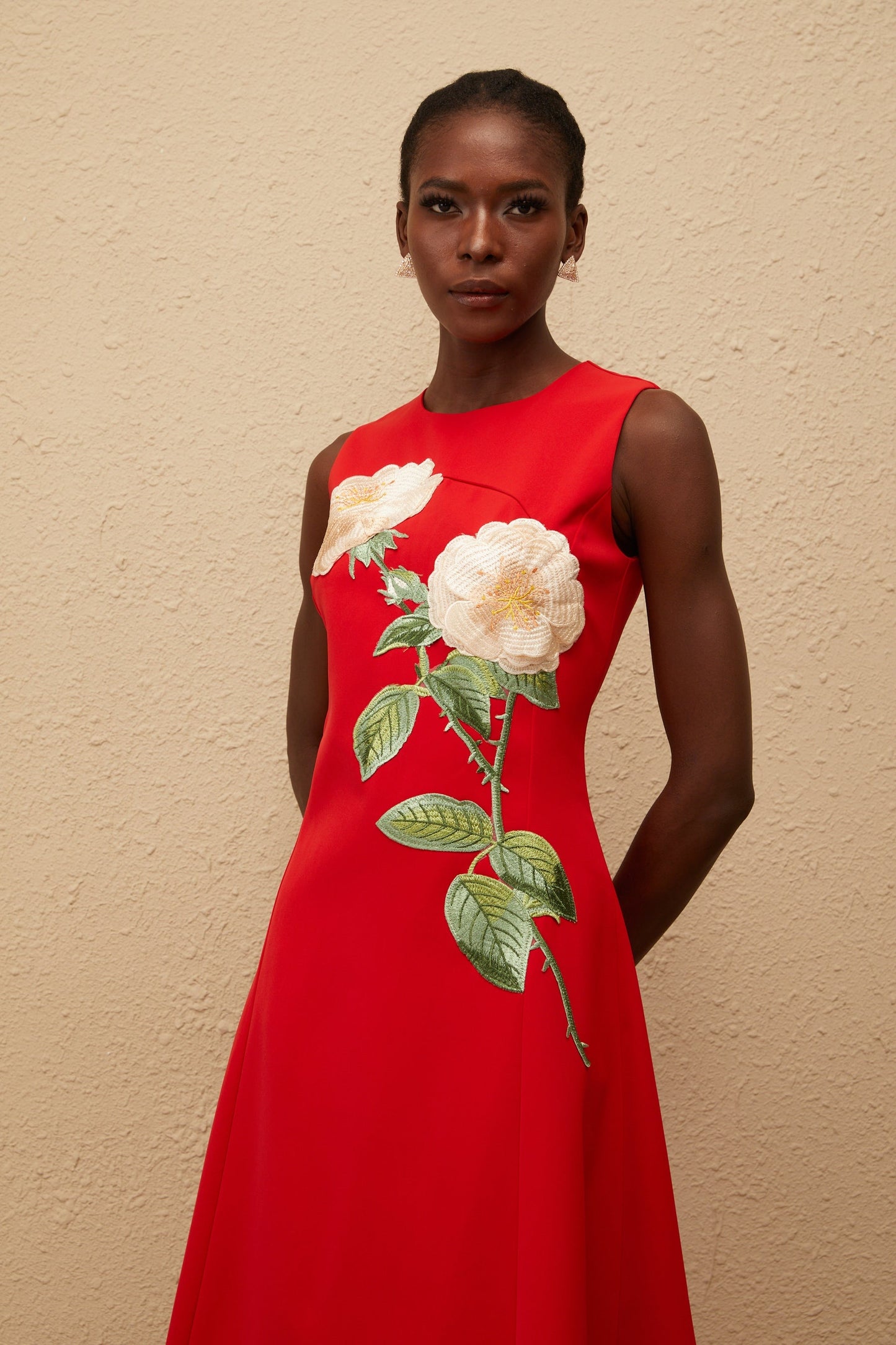 Mackenzie Red Floral Embroidered Midi Dress