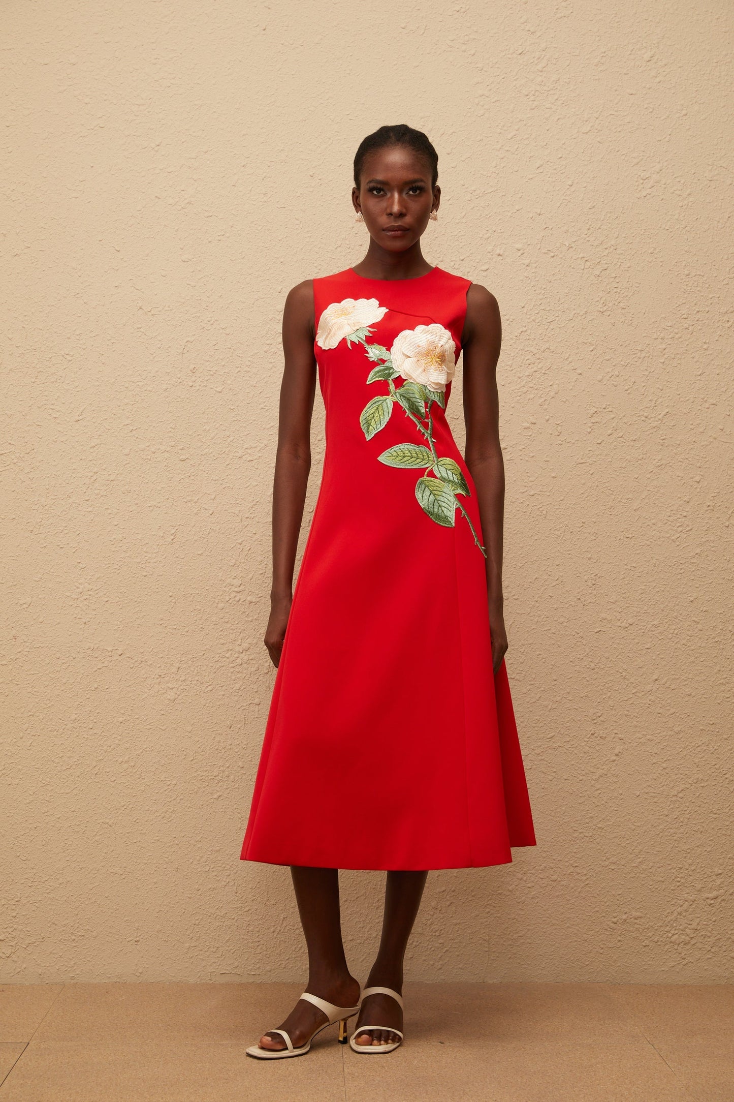 Mackenzie Red Floral Embroidered Midi Dress