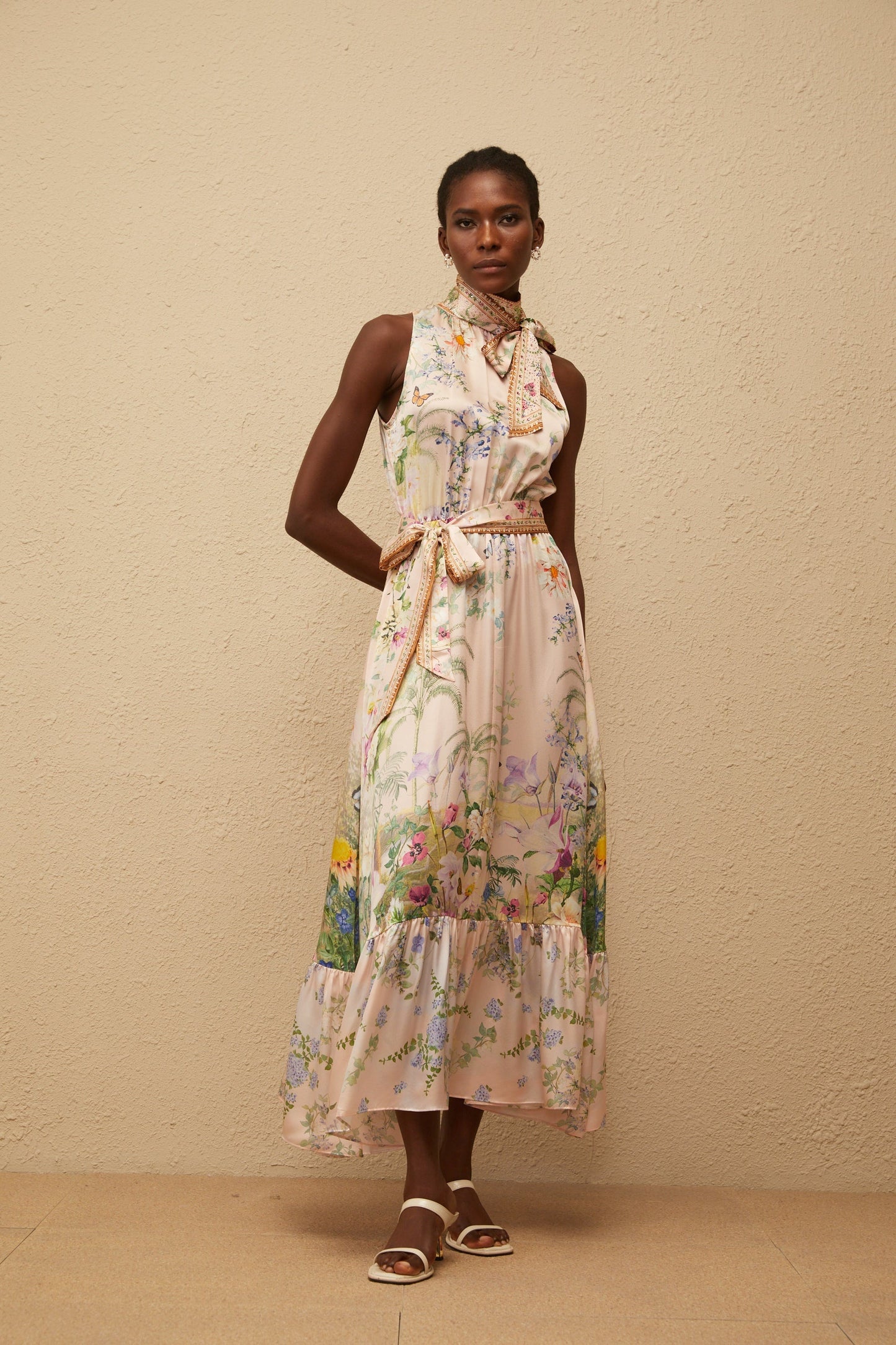 Madeleine Neutral Floral Print Satin Maxi Dress