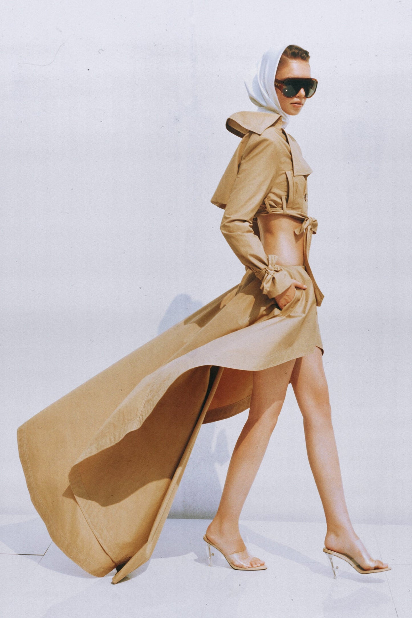 Maelle Khaki Cropped Trench Jacket Skirt Matching Set