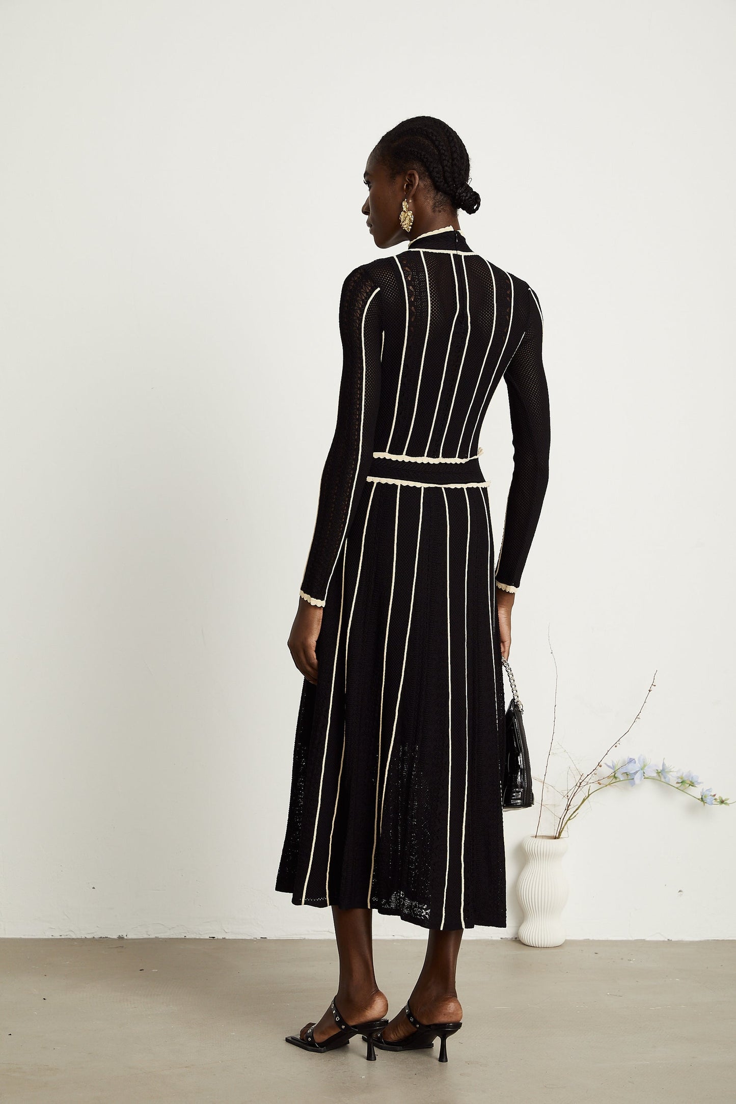 Maëlys black verticalstripe netted maxi dress
