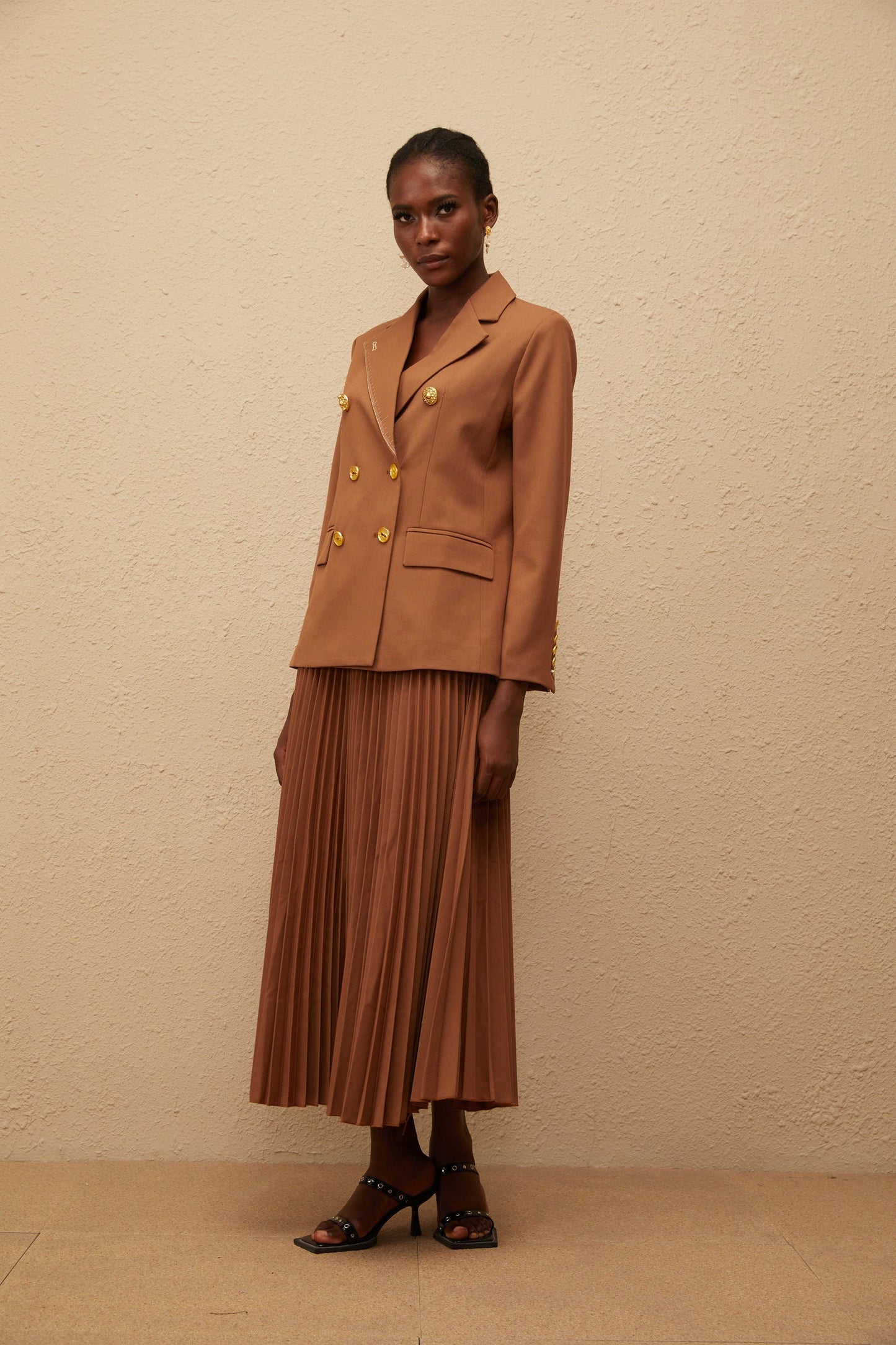 Maëlys Caramel Double Breasted Blazer Skirt Set