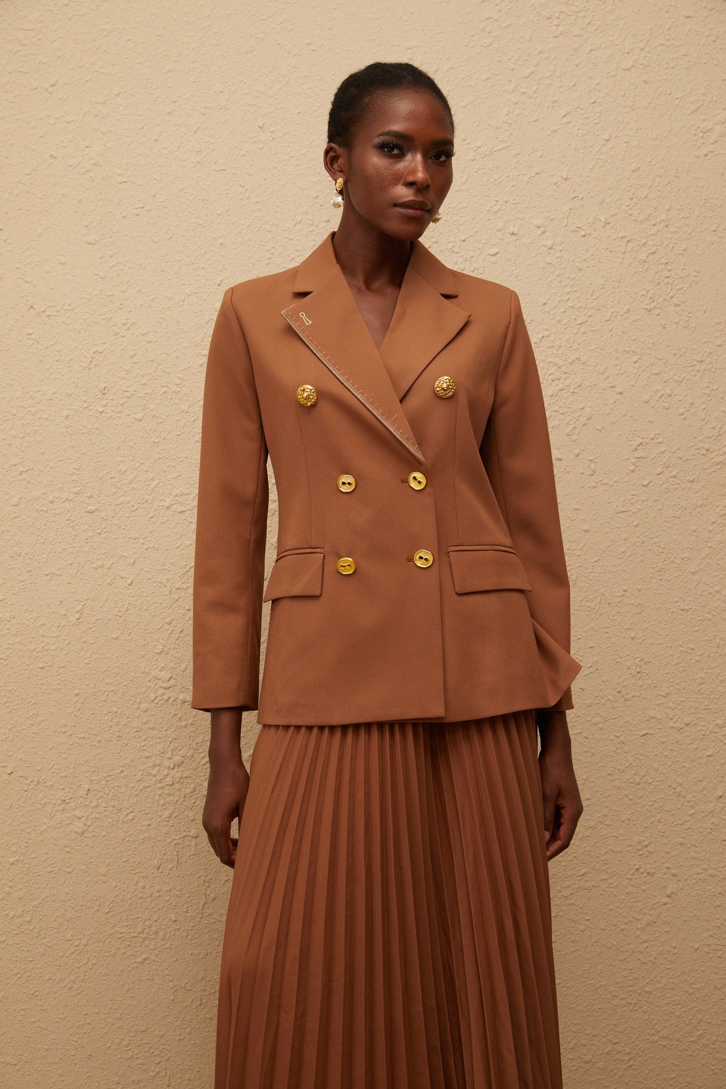 Maëlys Caramel Double Breasted Blazer Skirt Set