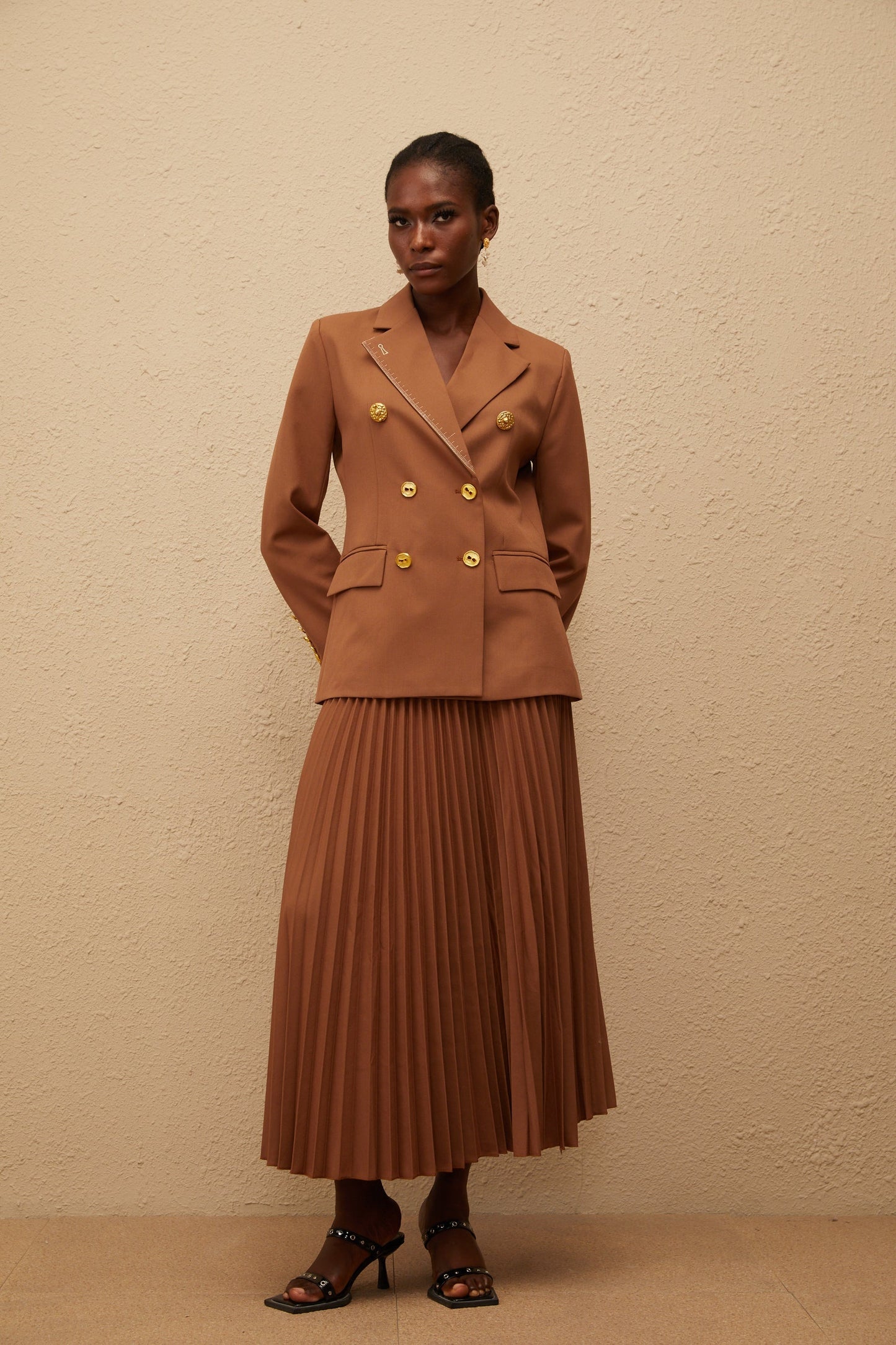 Maëlys Caramel Double Breasted Blazer Skirt Set