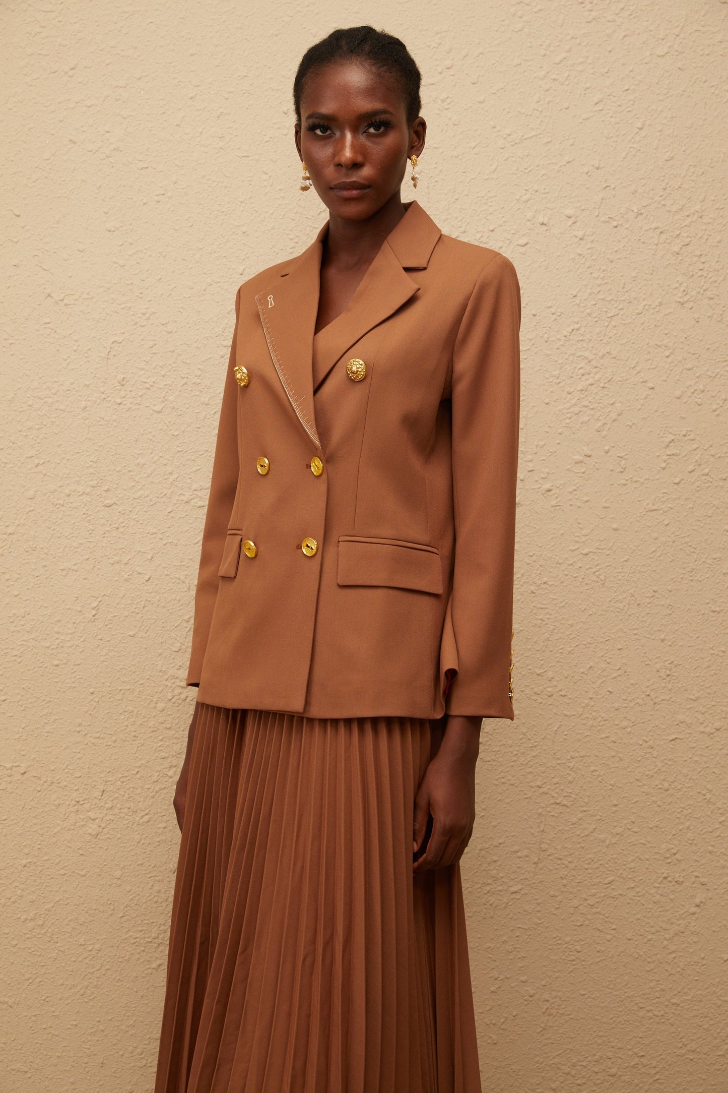 Maëlys Caramel Double Breasted Blazer Skirt Set