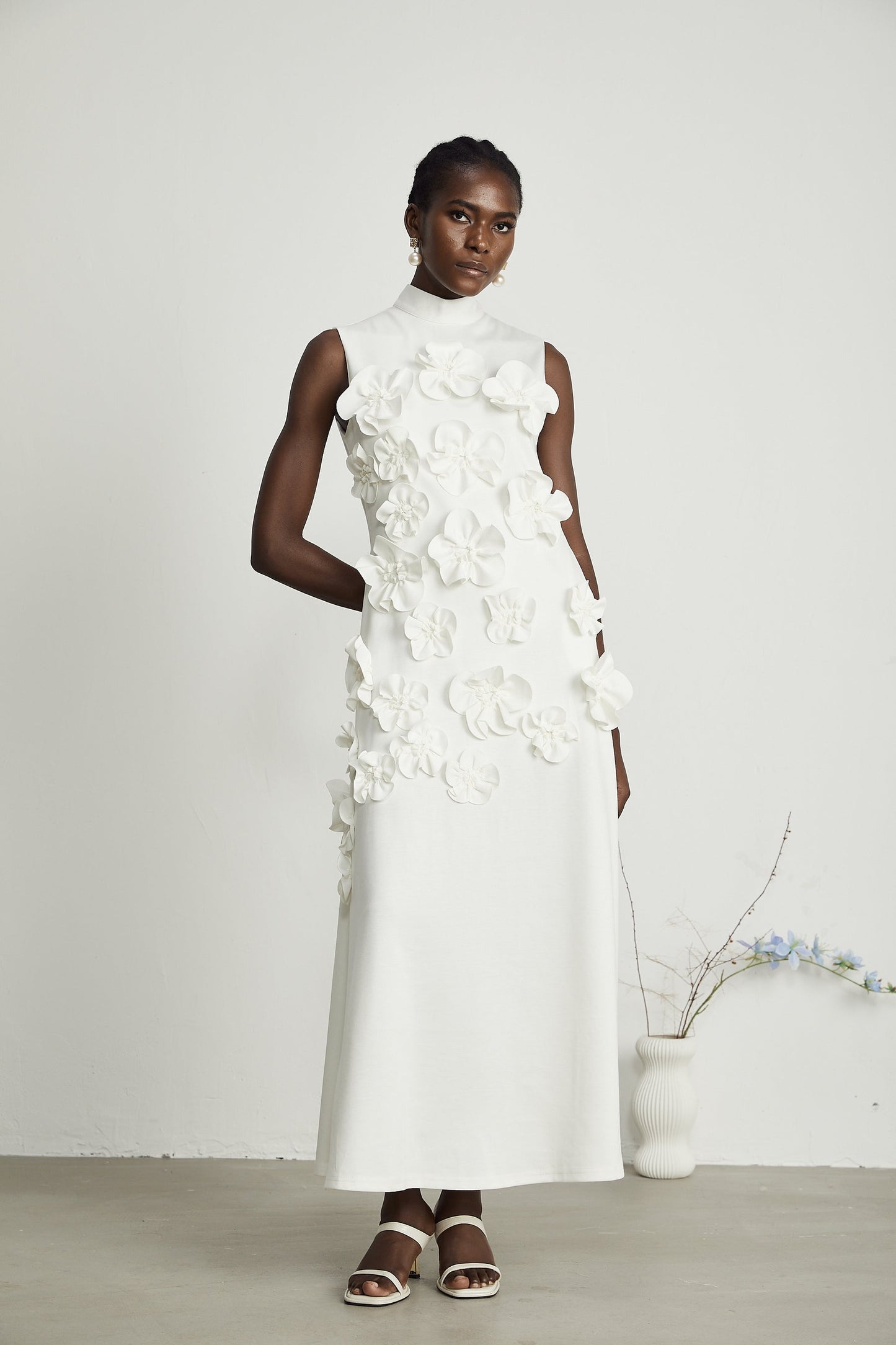 Magali bowtie fauxflower embellished sleeveless maxi dress in White