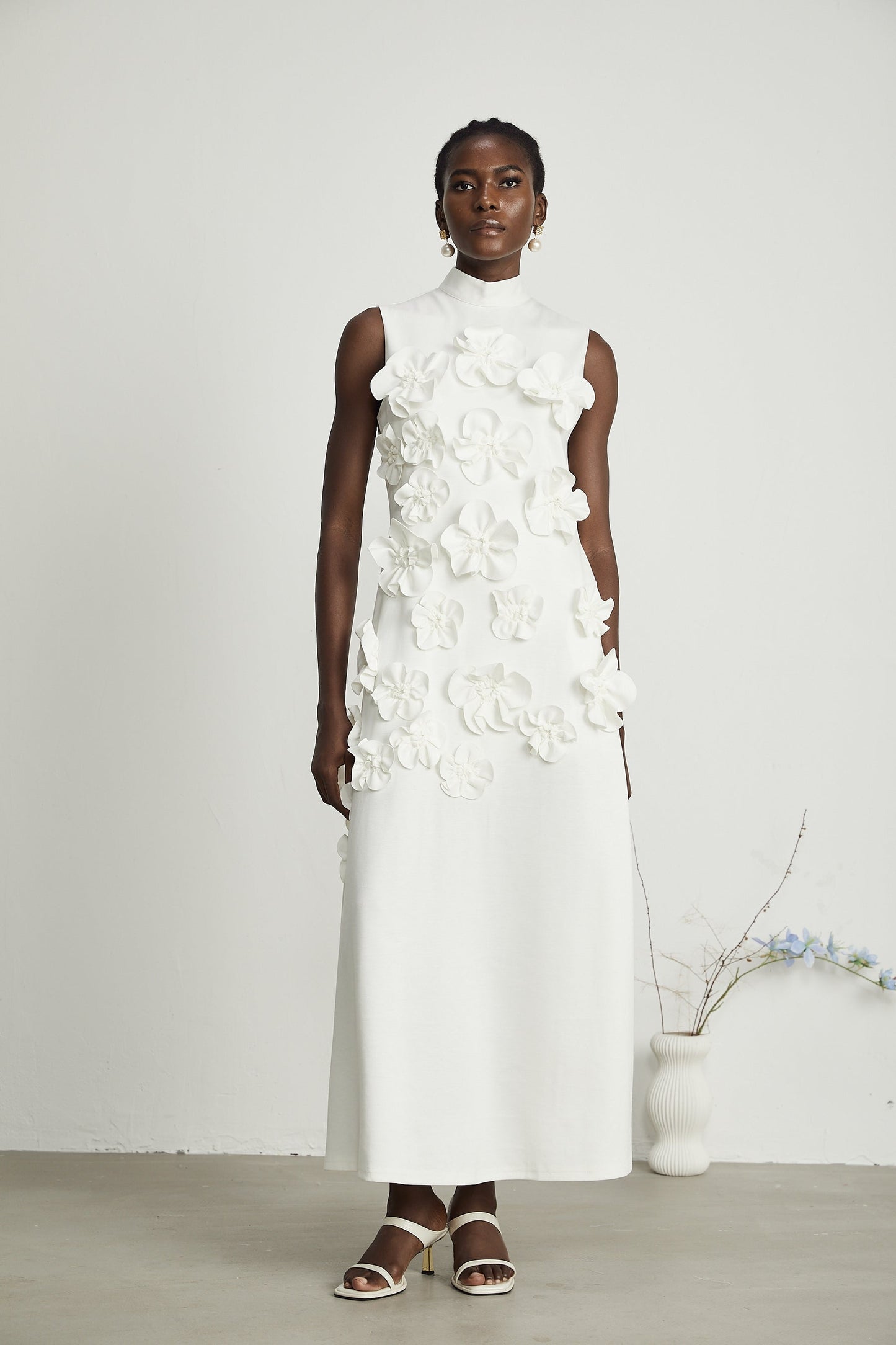 Magali bowtie fauxflower embellished sleeveless maxi dress in White