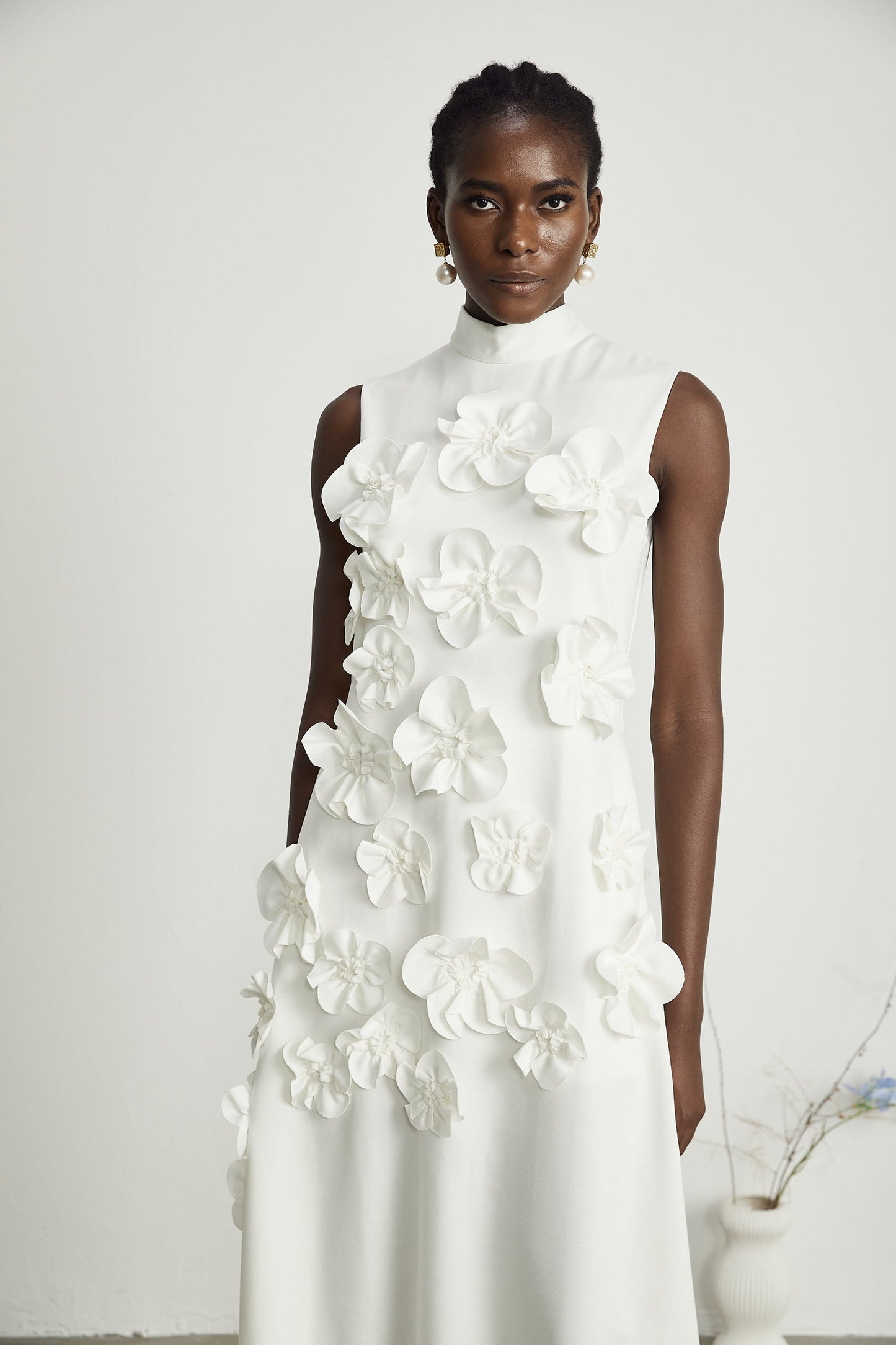 Magali bowtie fauxflower embellished sleeveless maxi dress in White