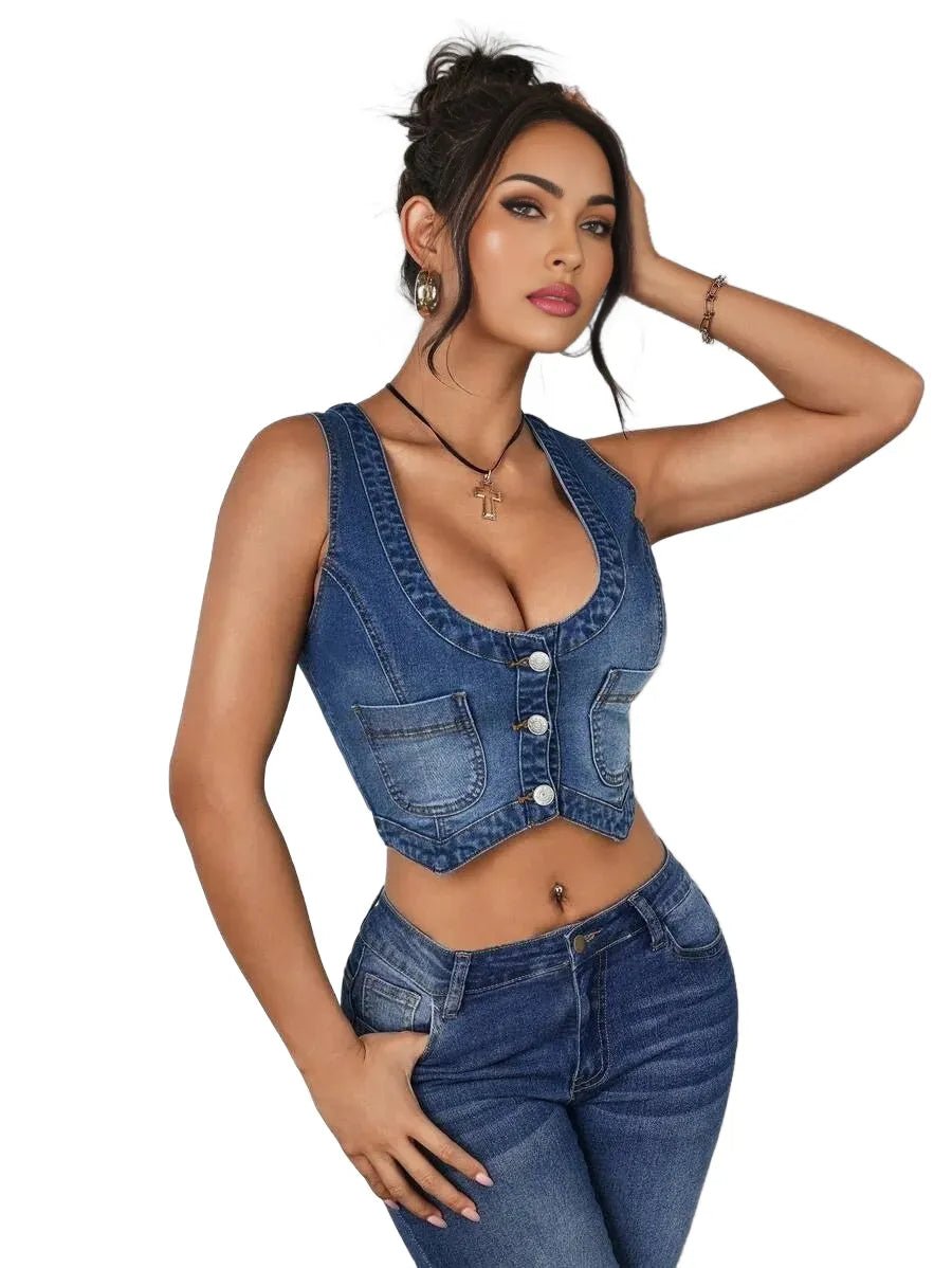 Malaya Cropped Denim Jacket with Stylish Front Button Design in Blue - XS