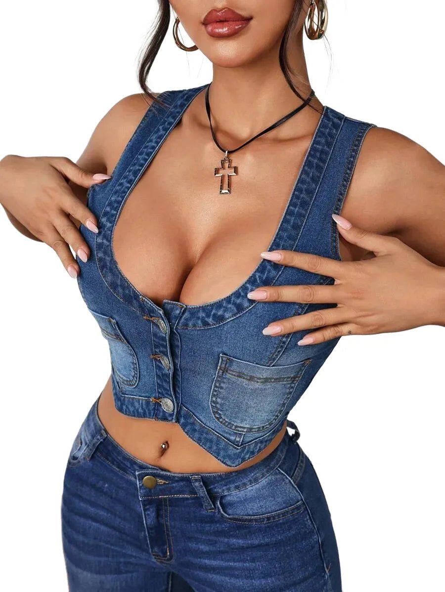 Malaya Cropped Denim Jacket with Stylish Front Button Design in Blue - XS