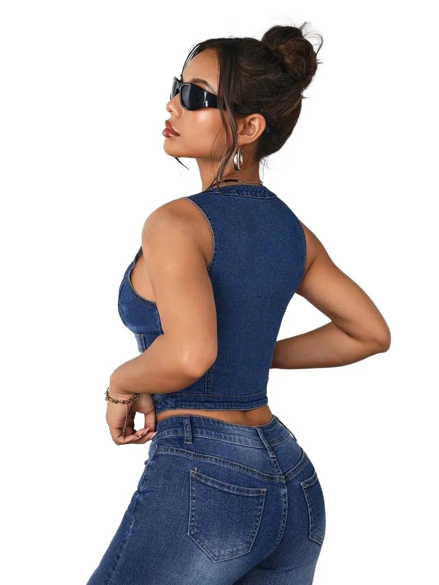 Malaya Cropped Denim Jacket with Stylish Front Button Design in Blue - XS