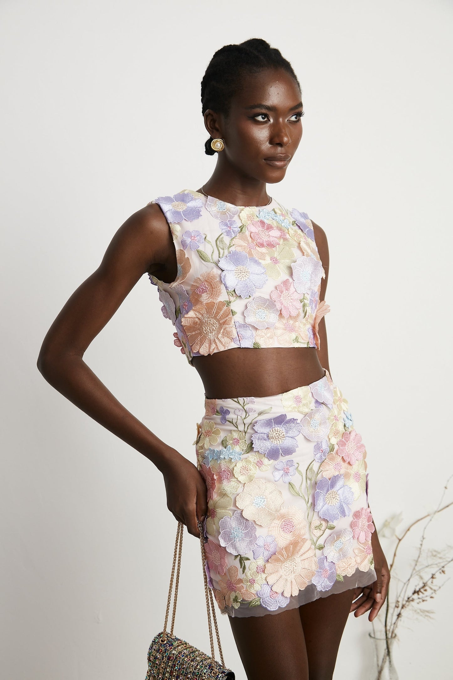 Malika petal embroidered top skirt matching set
