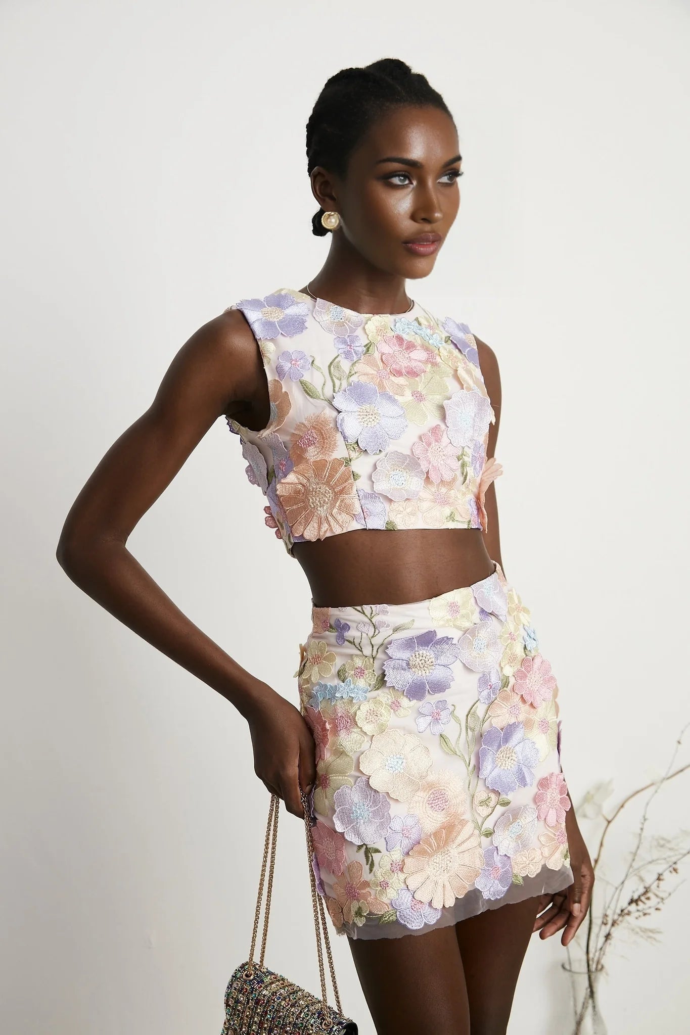 Malika petal embroidered top skirt matching set