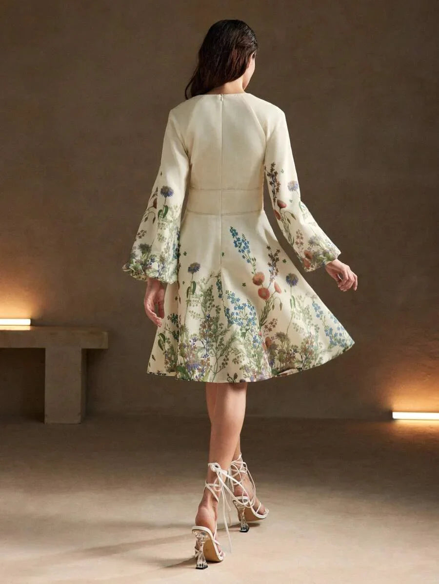 Mandarin Collar Printed Long Sleeve Mini Dress With Linen Appearance