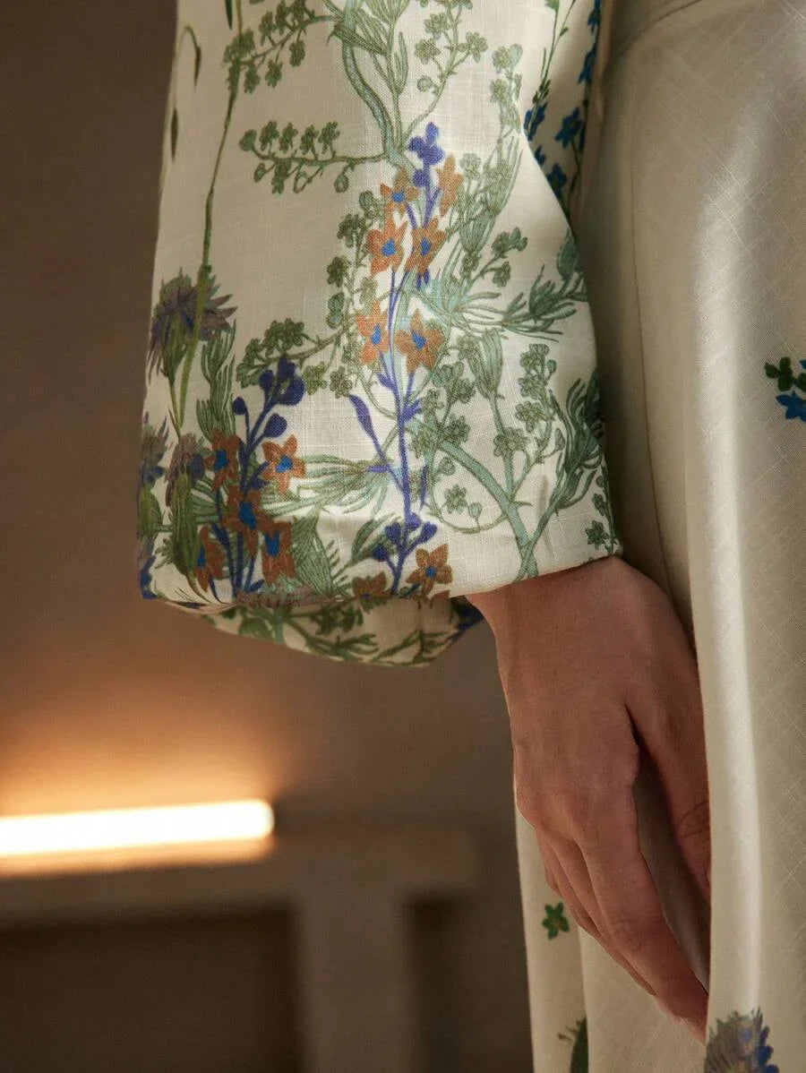 Mandarin Collar Printed Long Sleeve Mini Dress With Linen Appearance