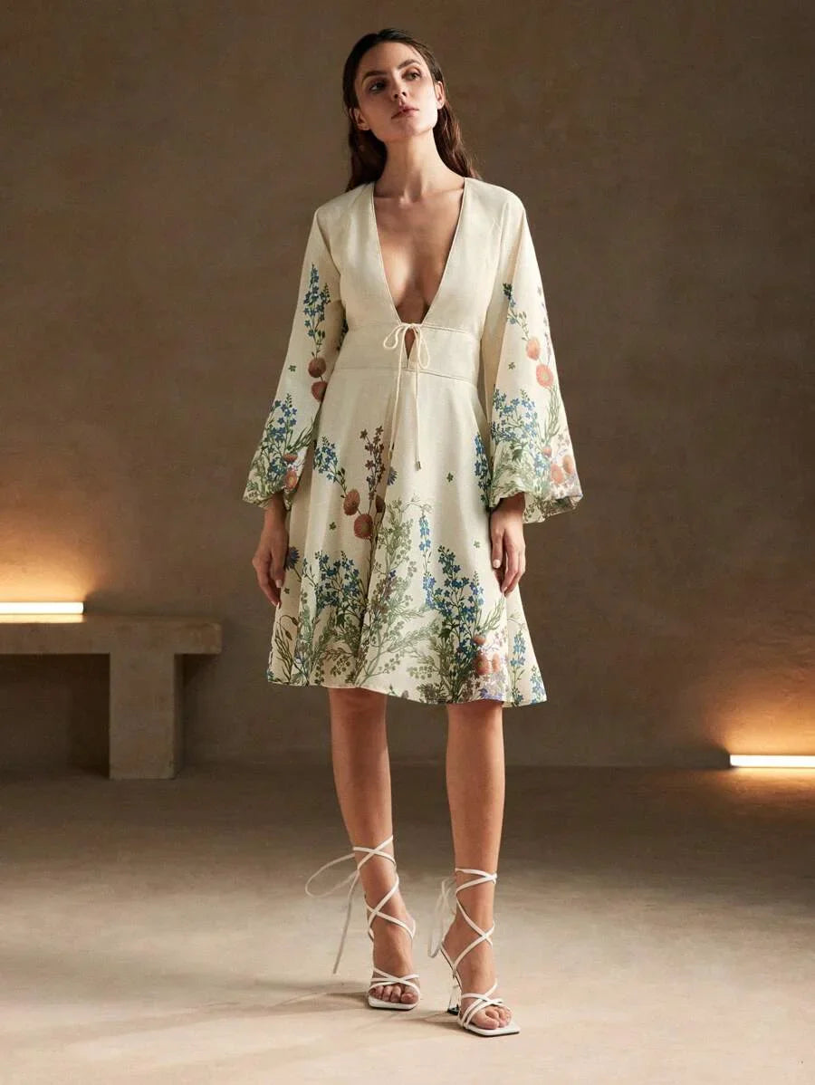Mandarin Collar Printed Long Sleeve Mini Dress With Linen Appearance