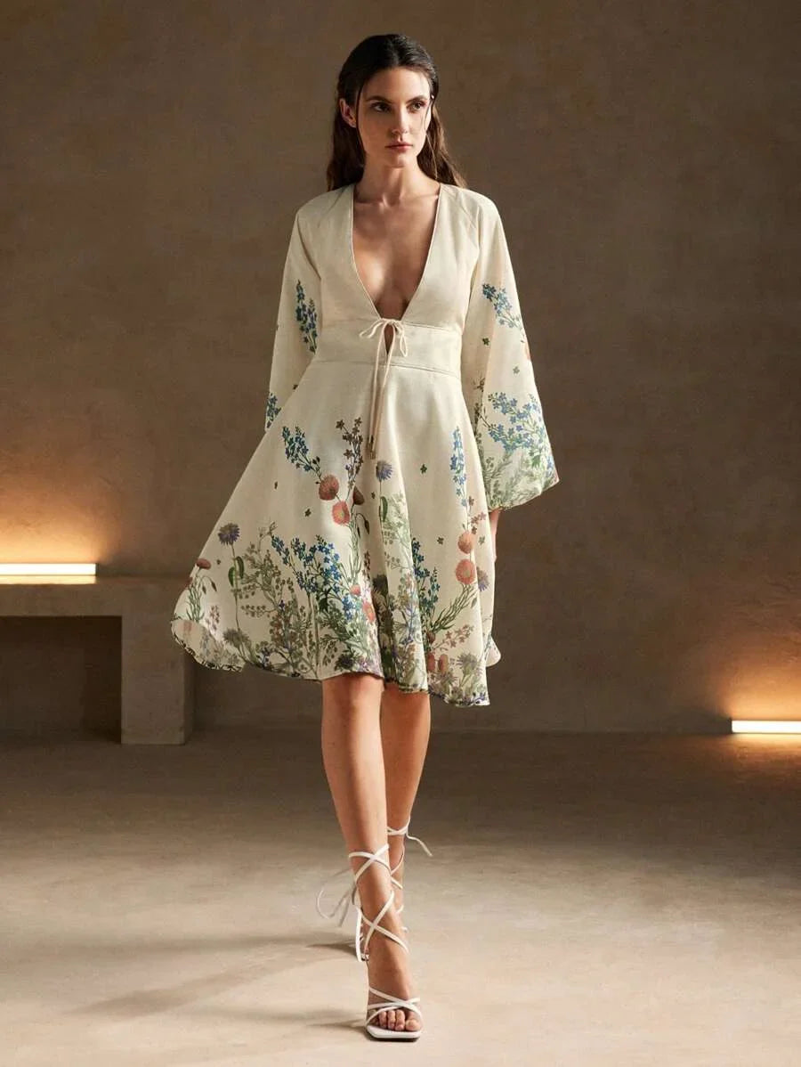 Mandarin Collar Printed Long Sleeve Mini Dress With Linen Appearance
