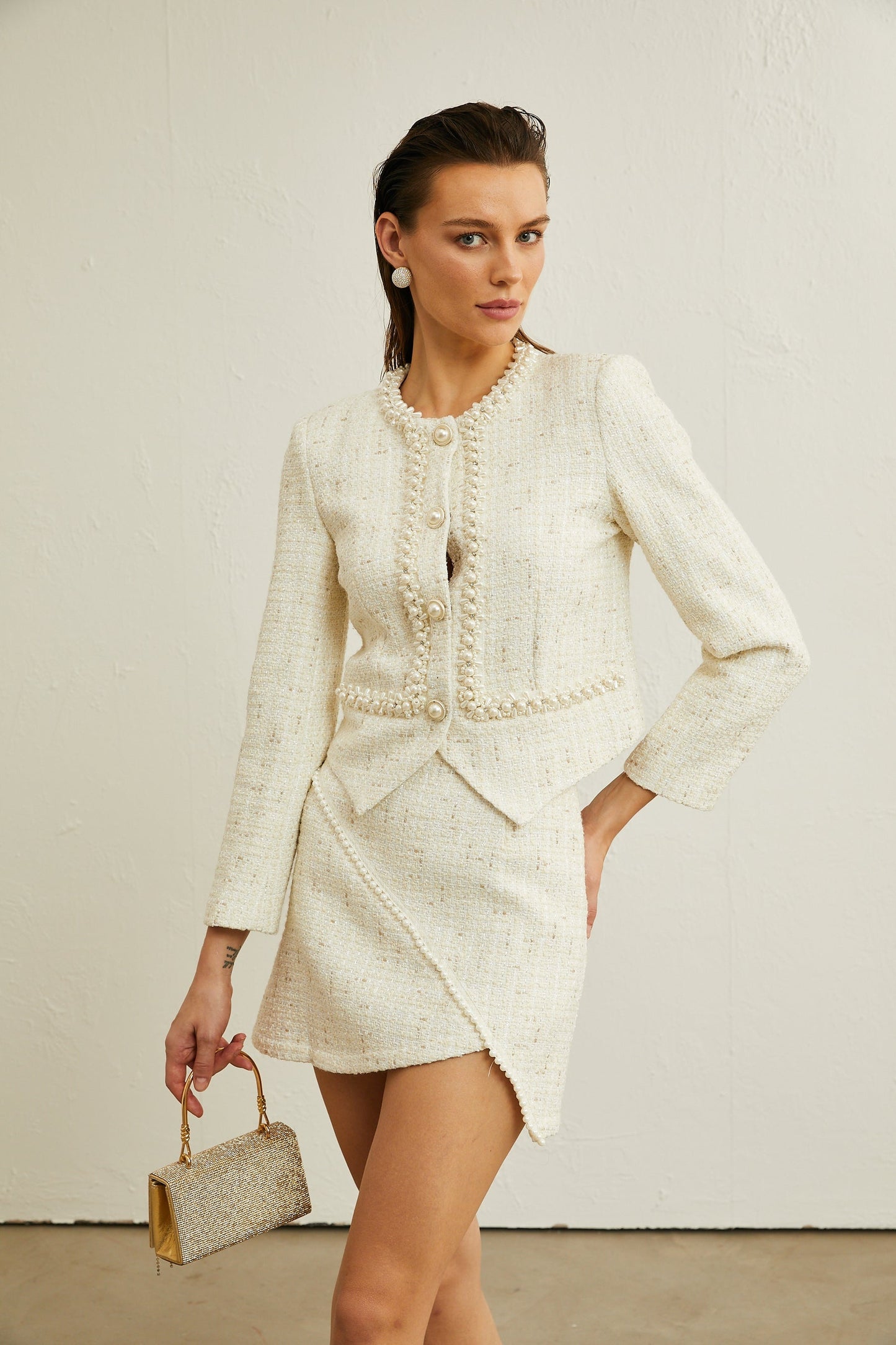 Manon fauxpearl asymmetric jacket skirt matching set