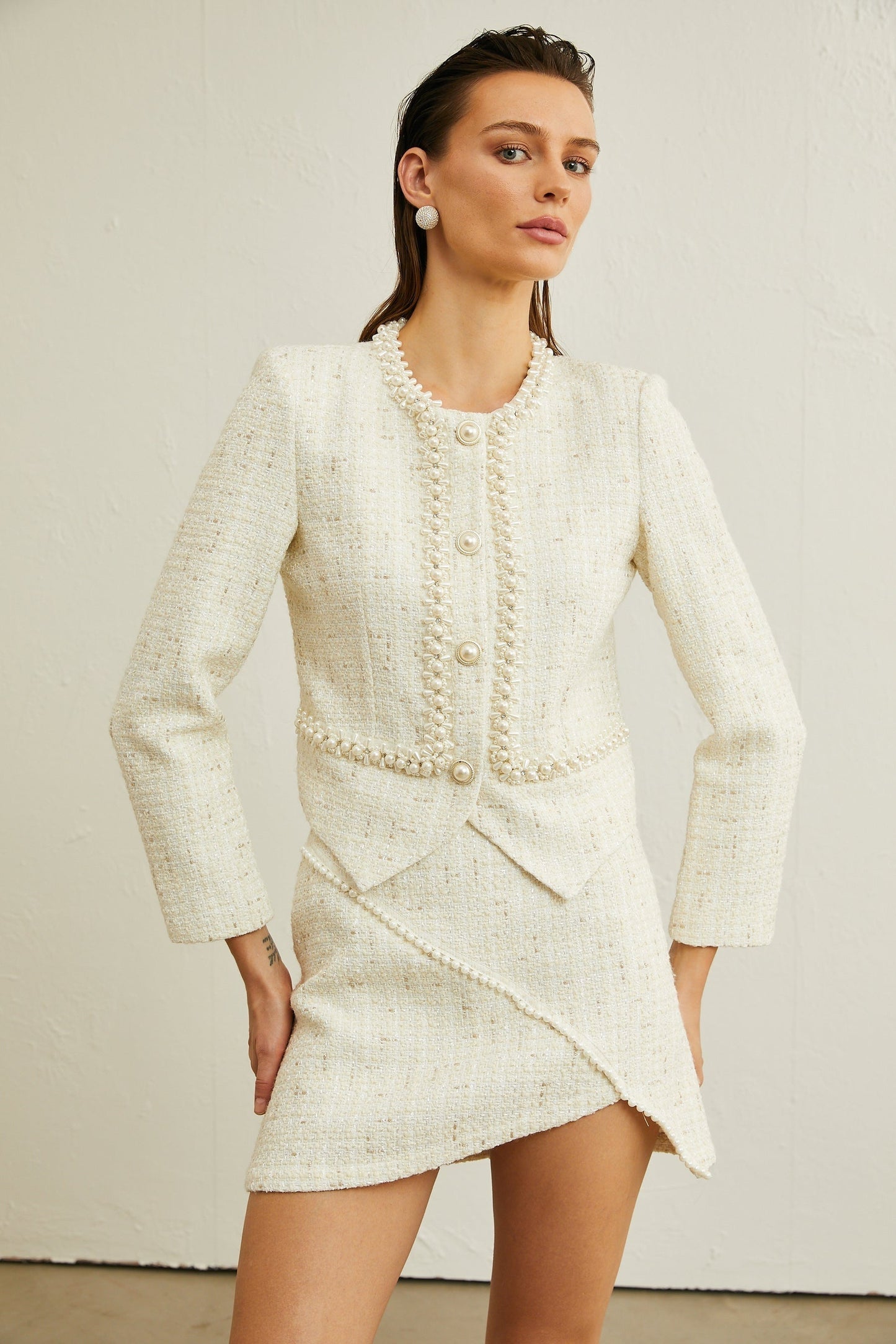 Manon fauxpearl asymmetric jacket skirt matching set