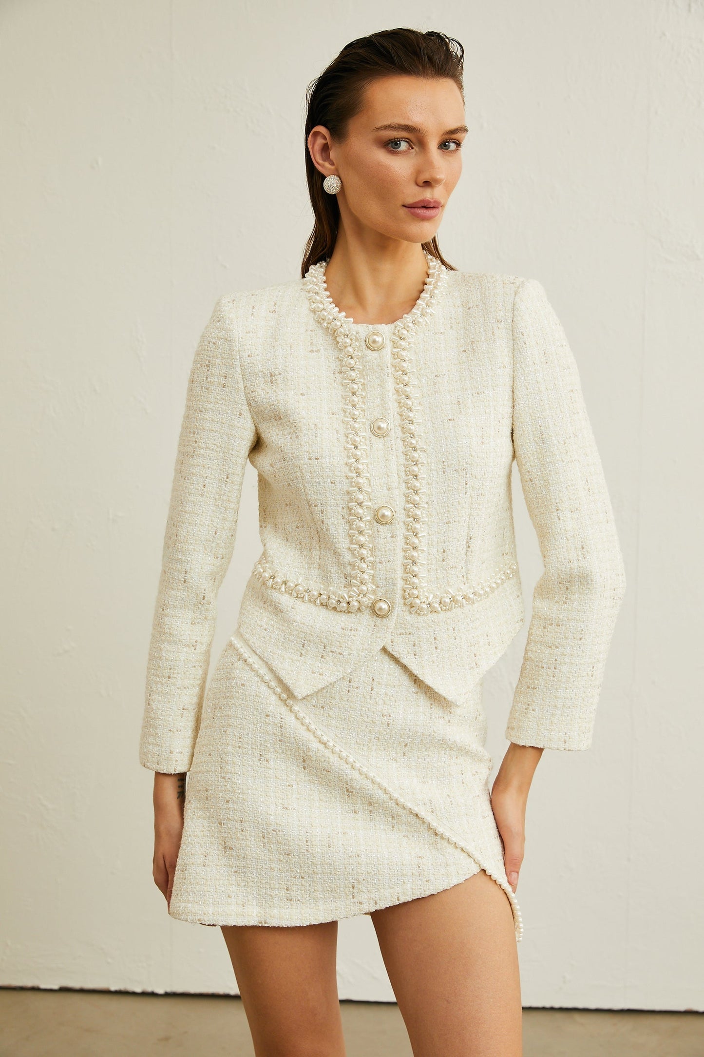 Manon fauxpearl asymmetric jacket skirt matching set