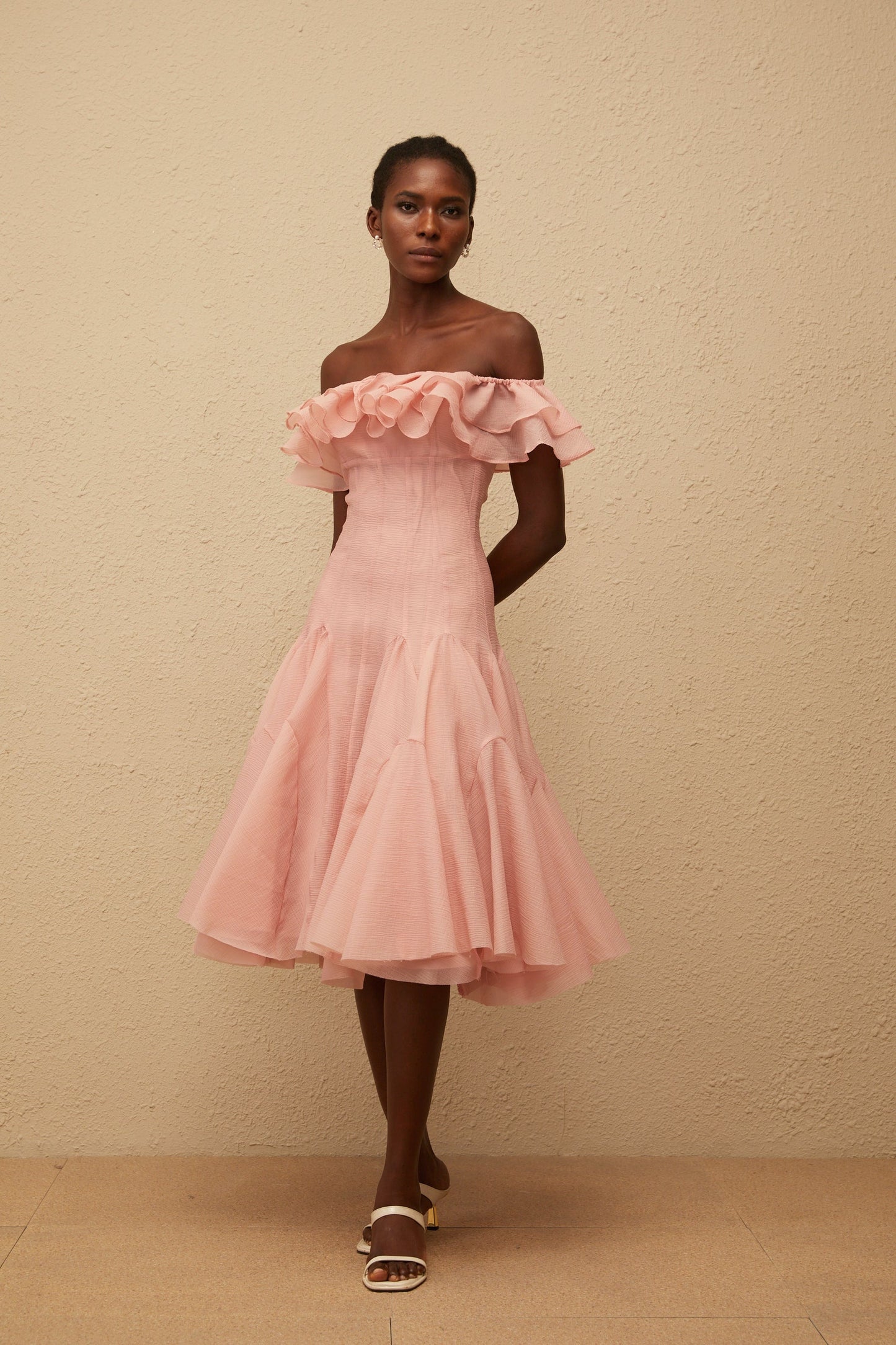 Margarita Pink Godet Ruffled Midi Dress