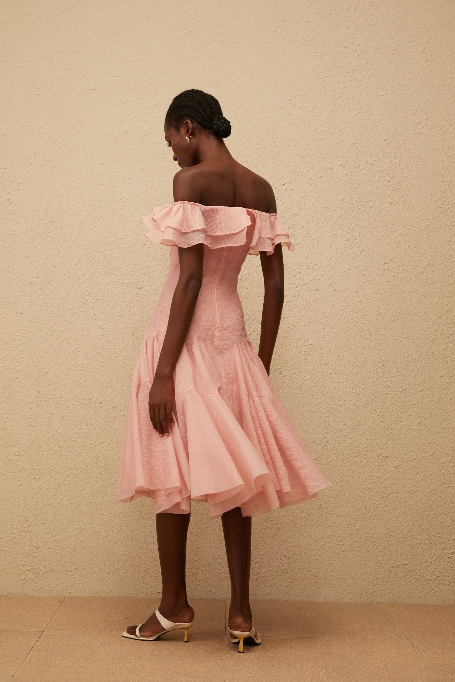 Margarita Pink Godet Ruffled Midi Dress
