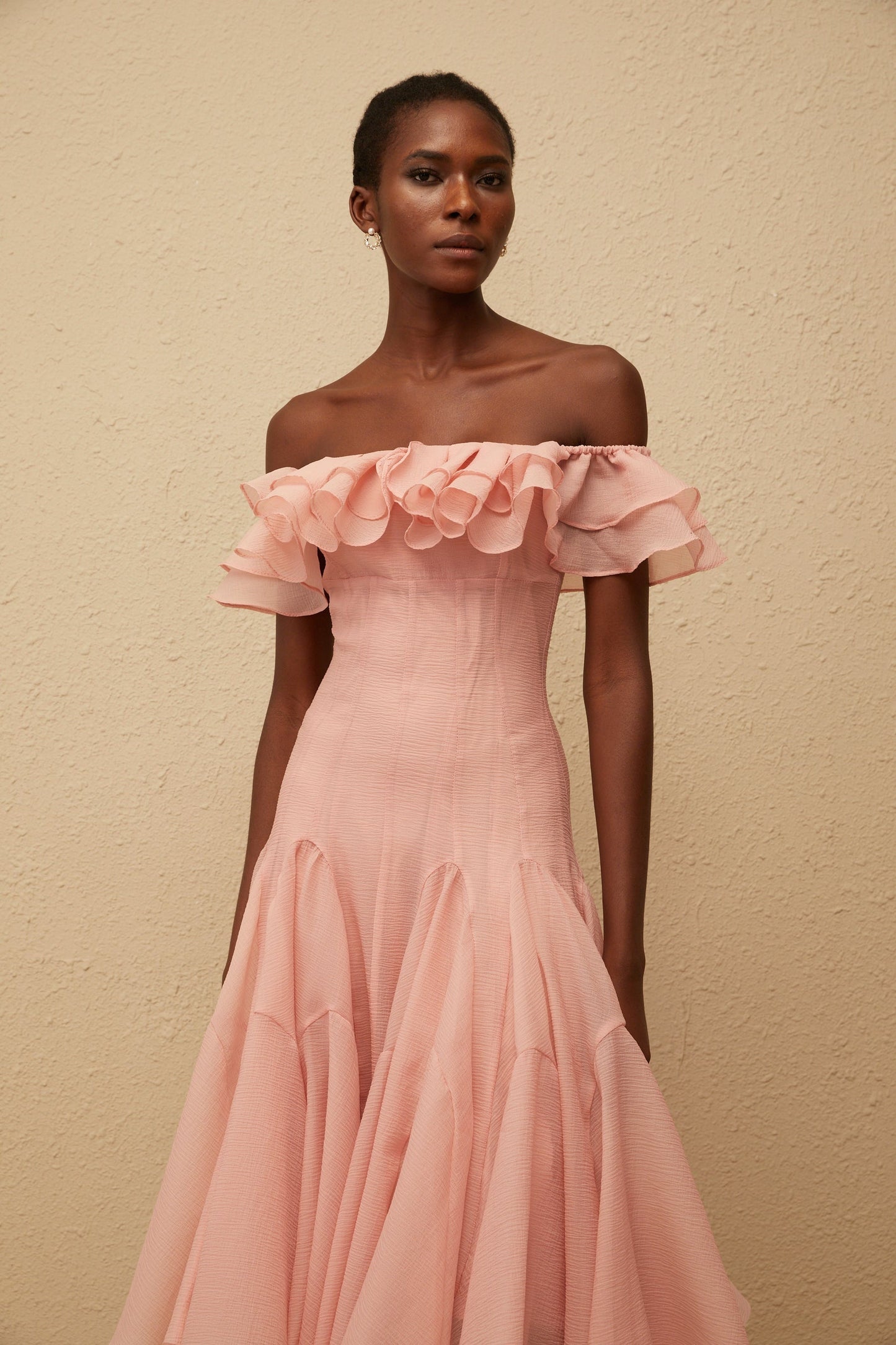 Margarita Pink Godet Ruffled Midi Dress