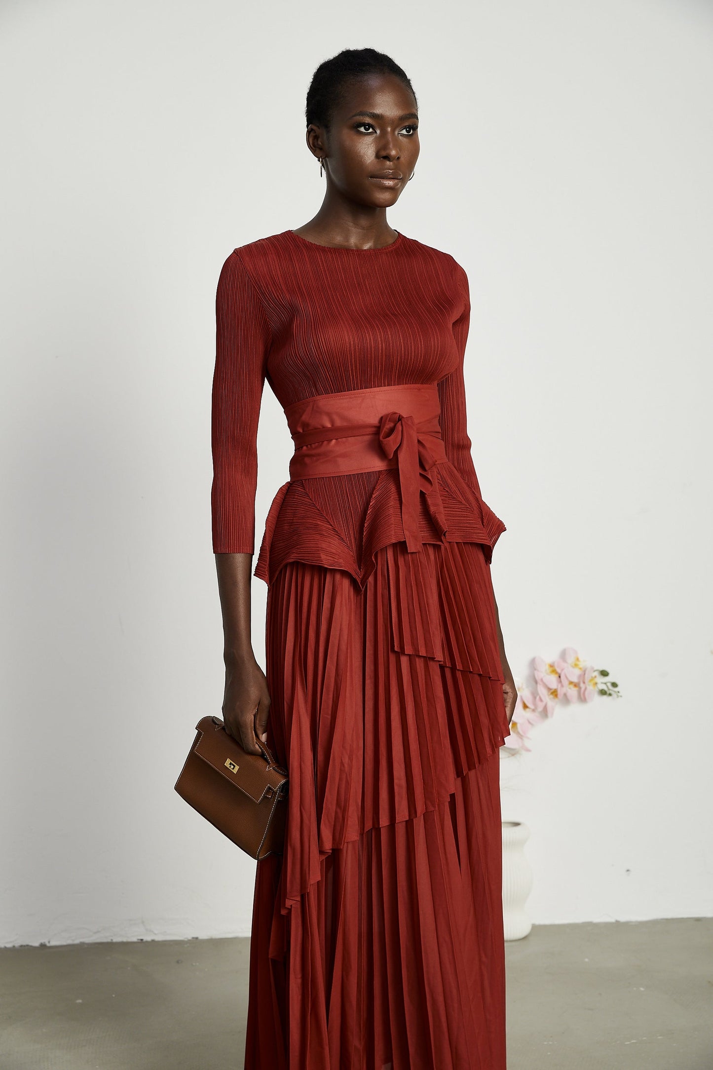 Margaux bowtie embellished pleated top skirt matching set