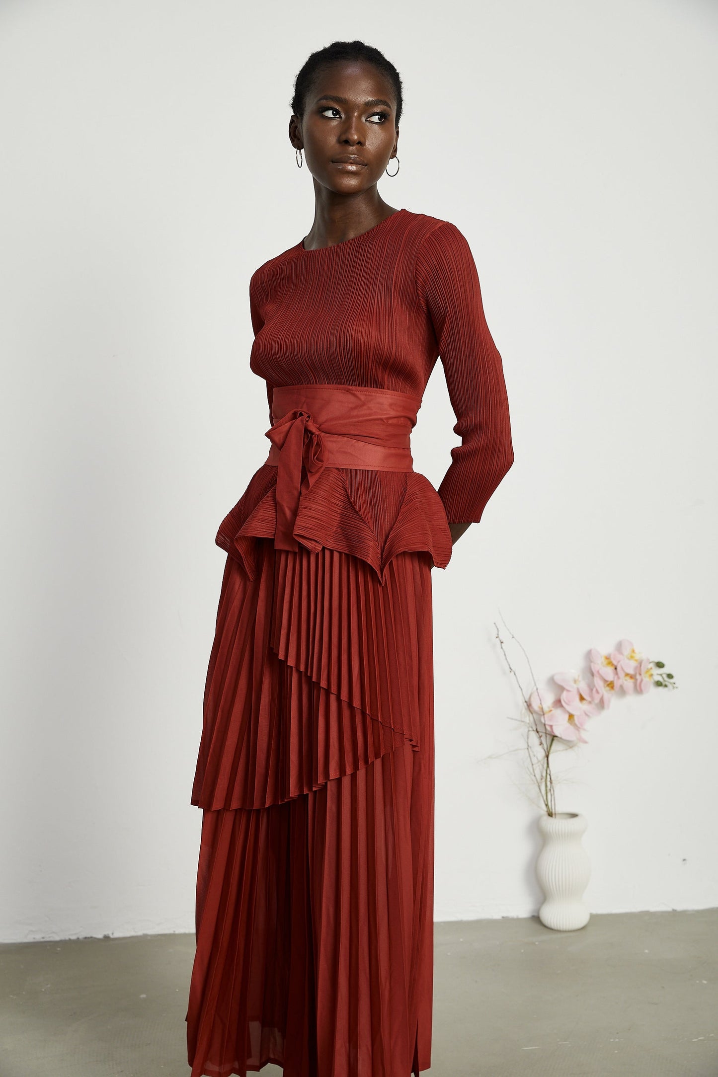 Margaux bowtie embellished pleated top skirt matching set