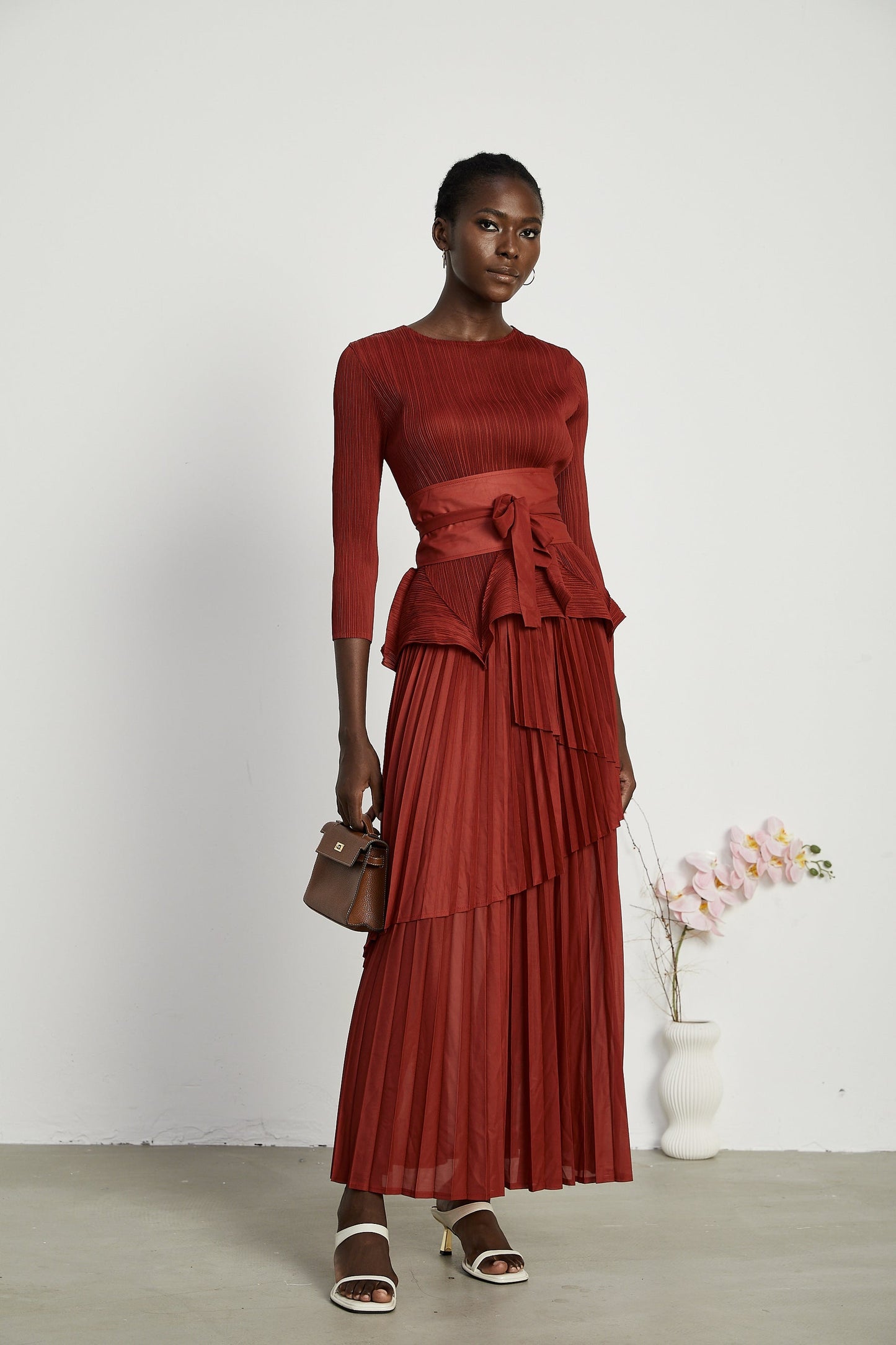 Margaux bowtie embellished pleated top skirt matching set