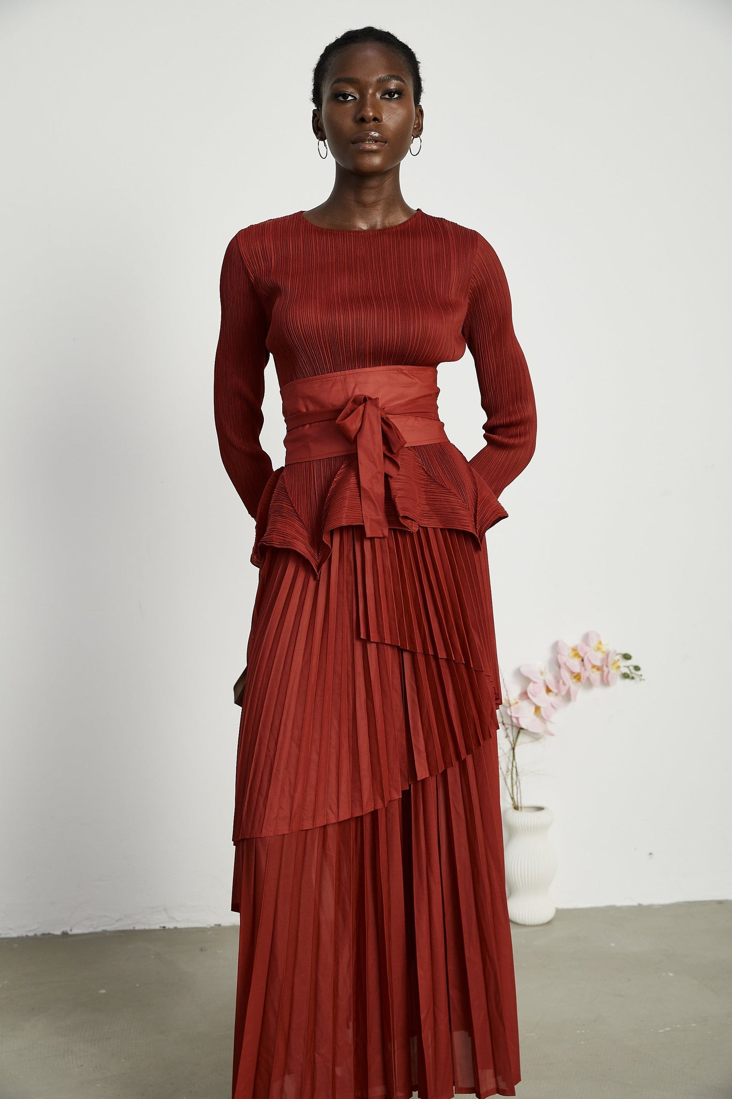 Margaux bowtie embellished pleated top skirt matching set
