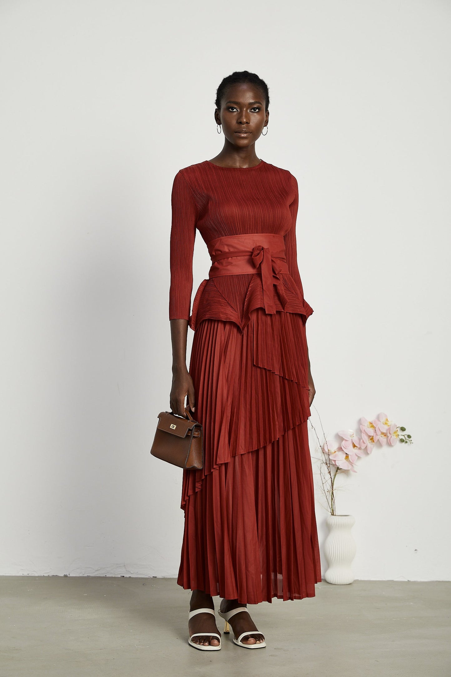 Margaux bowtie embellished pleated top skirt matching set