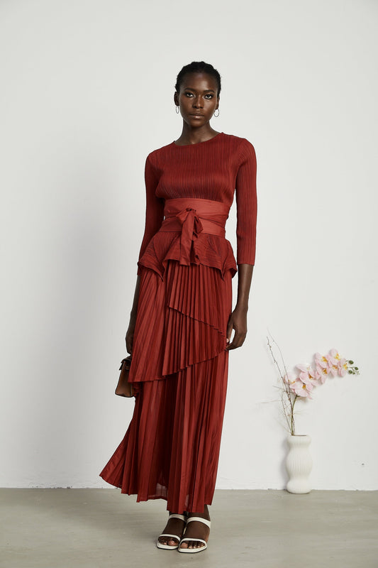 Margaux bowtie embellished pleated top  skirt matching set