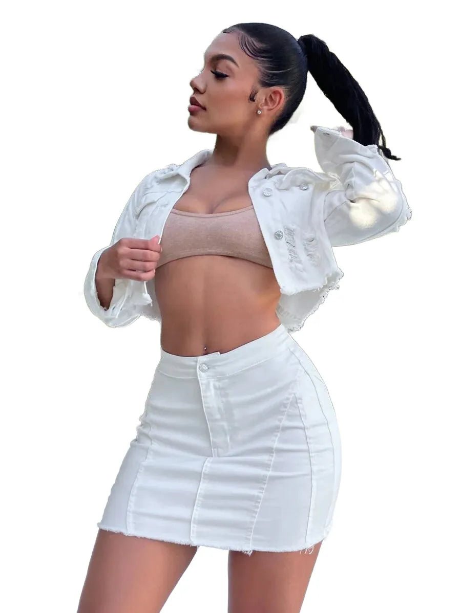 Marianna Cropped Denim Jacket with Distressed Detail in White - White