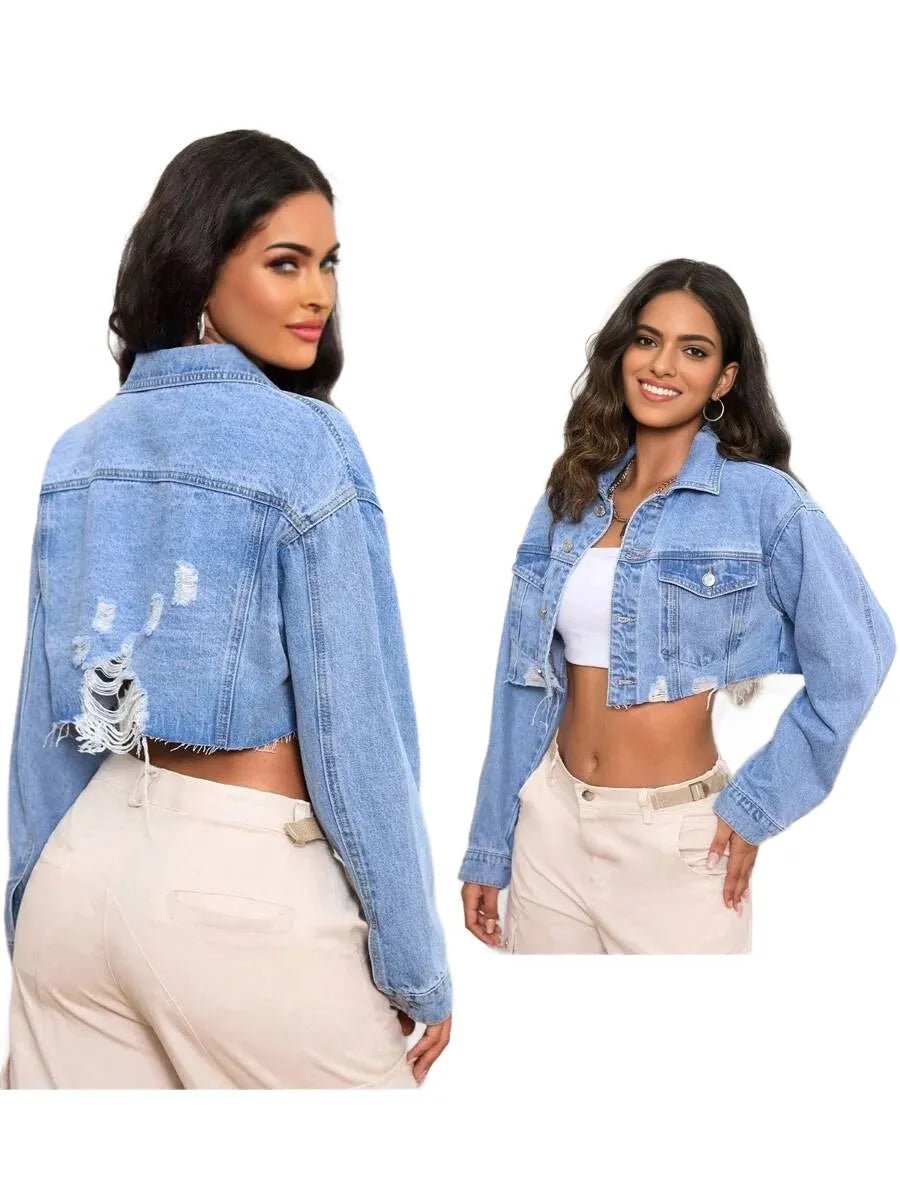 Mariarosa Cropped Denim Jacket with Distressed Hem Fashion in Blue - ONE SIZE