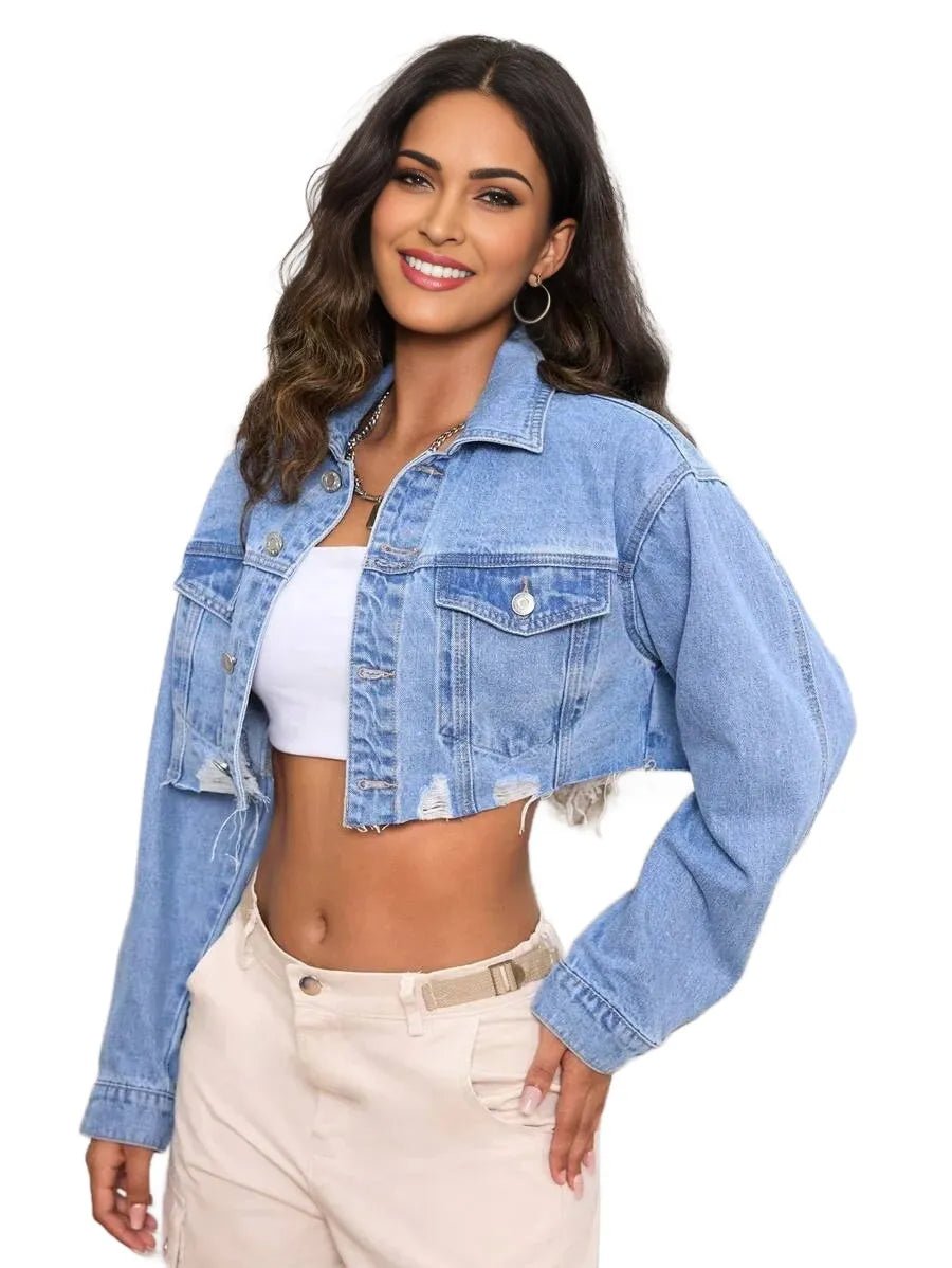 Mariarosa Cropped Denim Jacket with Distressed Hem Fashion in Blue - ONE SIZE