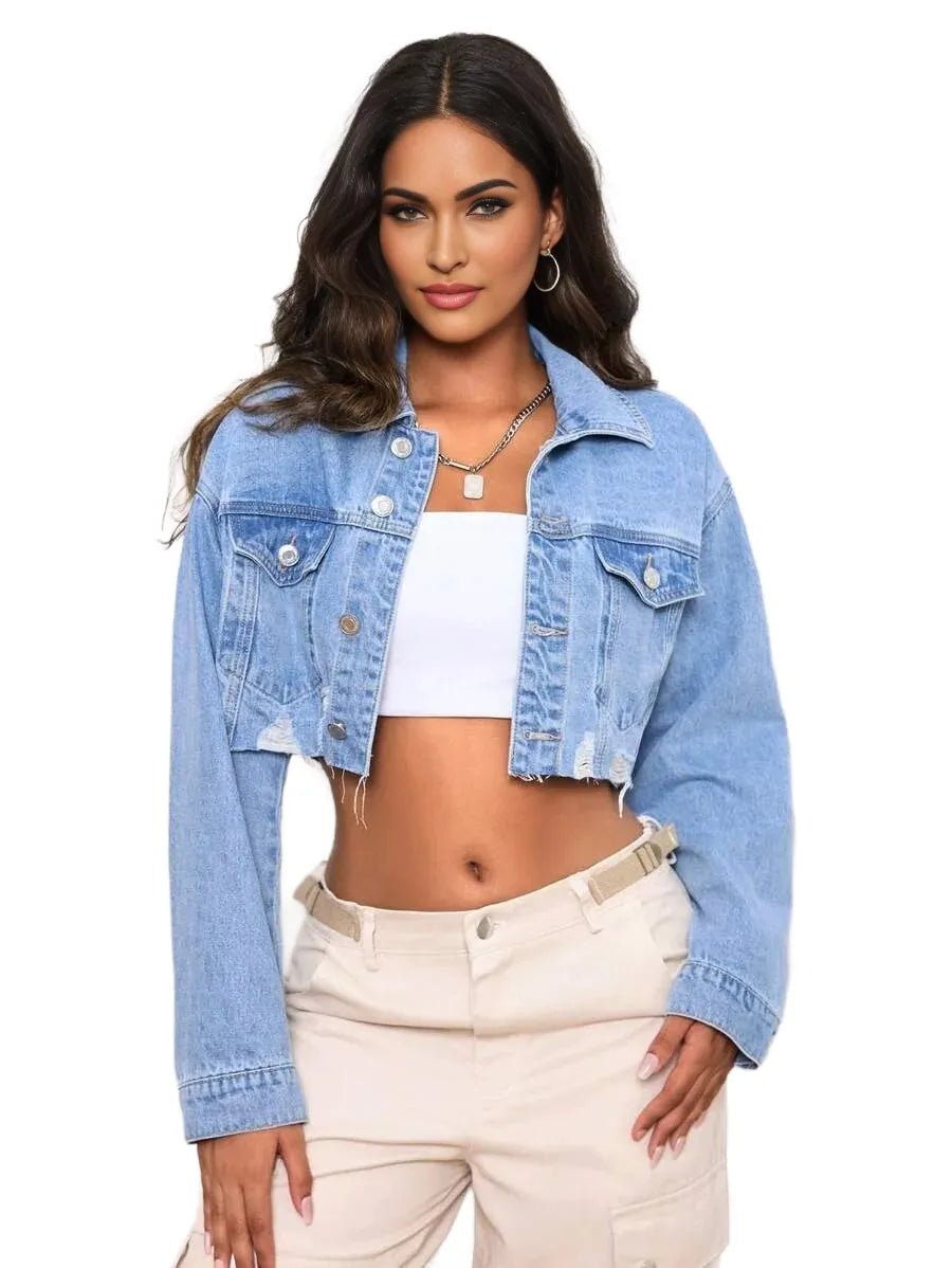 Mariarosa Cropped Denim Jacket with Distressed Hem Fashion in Blue - ONE SIZE
