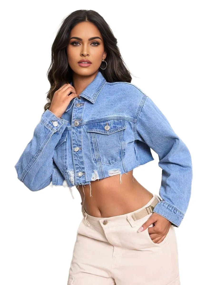 Mariarosa Cropped Denim Jacket with Distressed Hem Fashion in Blue - ONE SIZE