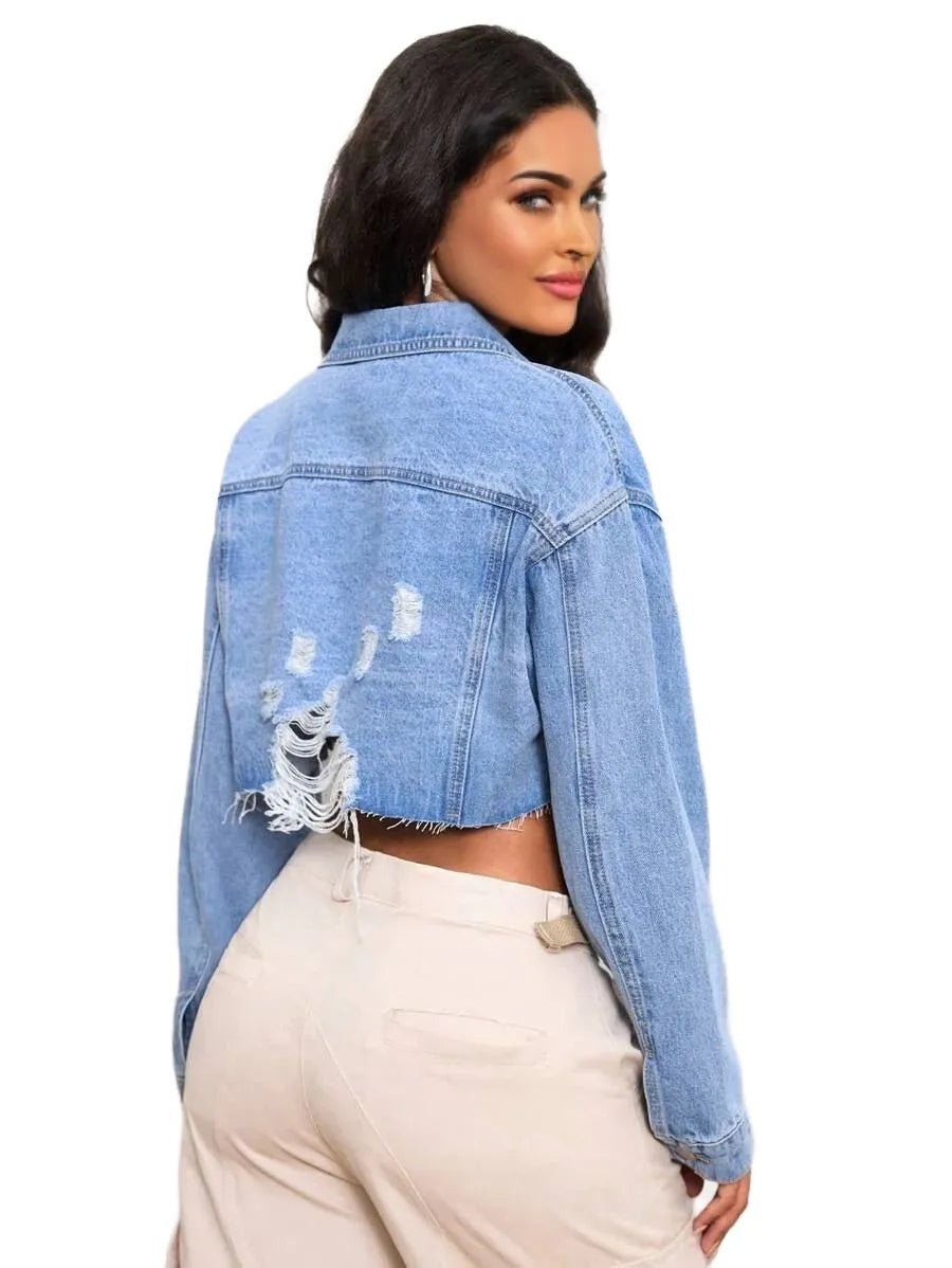 Mariarosa Cropped Denim Jacket with Distressed Hem Fashion in Blue - ONE SIZE