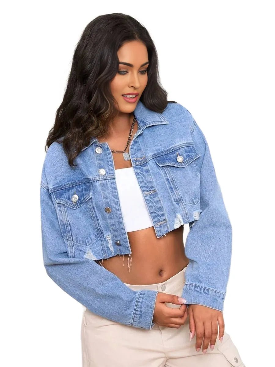 Mariarosa Cropped Denim Jacket with Distressed Hem Fashion in Blue - ONE SIZE
