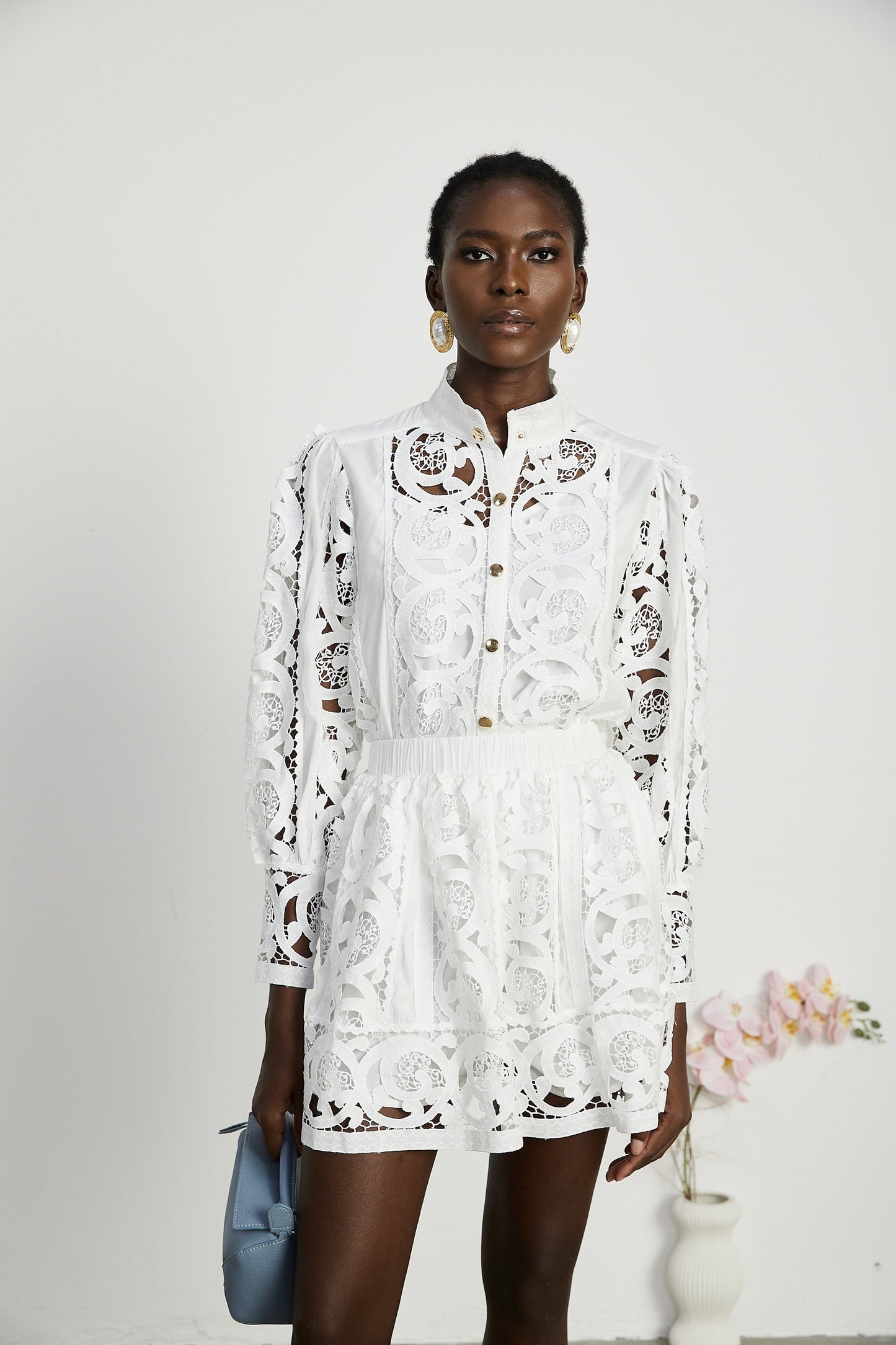 Marie lacefloral embellished shirt skirt matching set