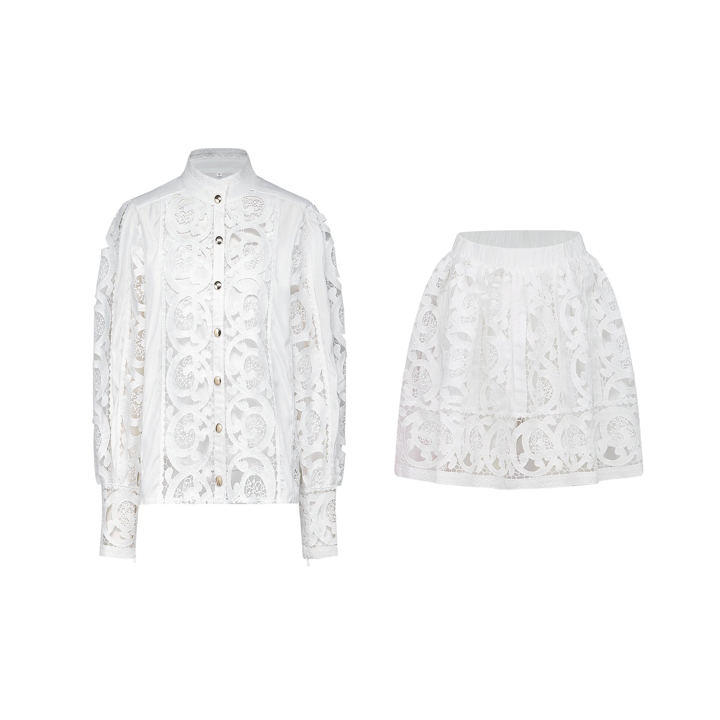 Marie lacefloral embellished shirt skirt matching set