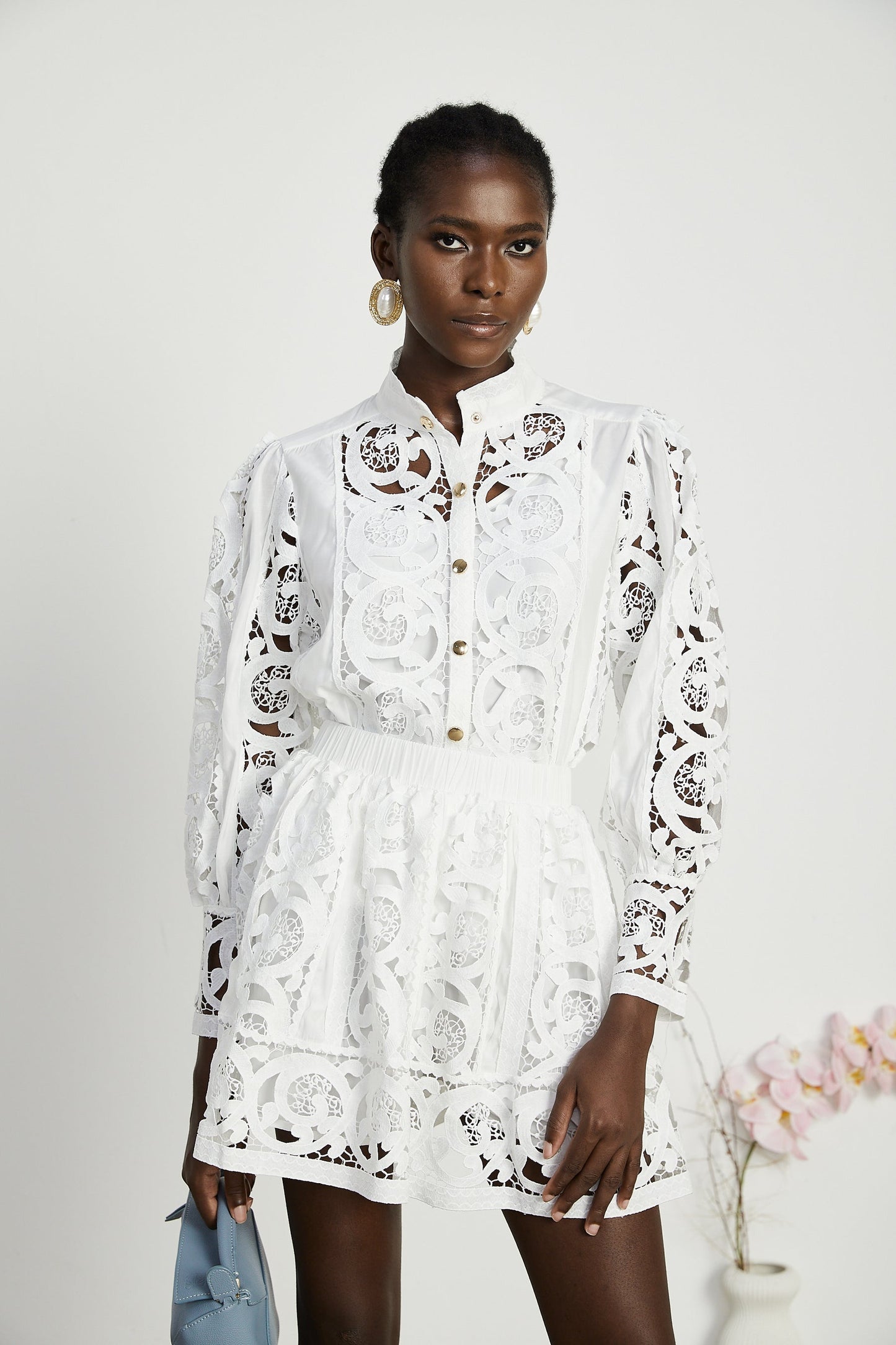 Marie lacefloral embellished shirt skirt matching set