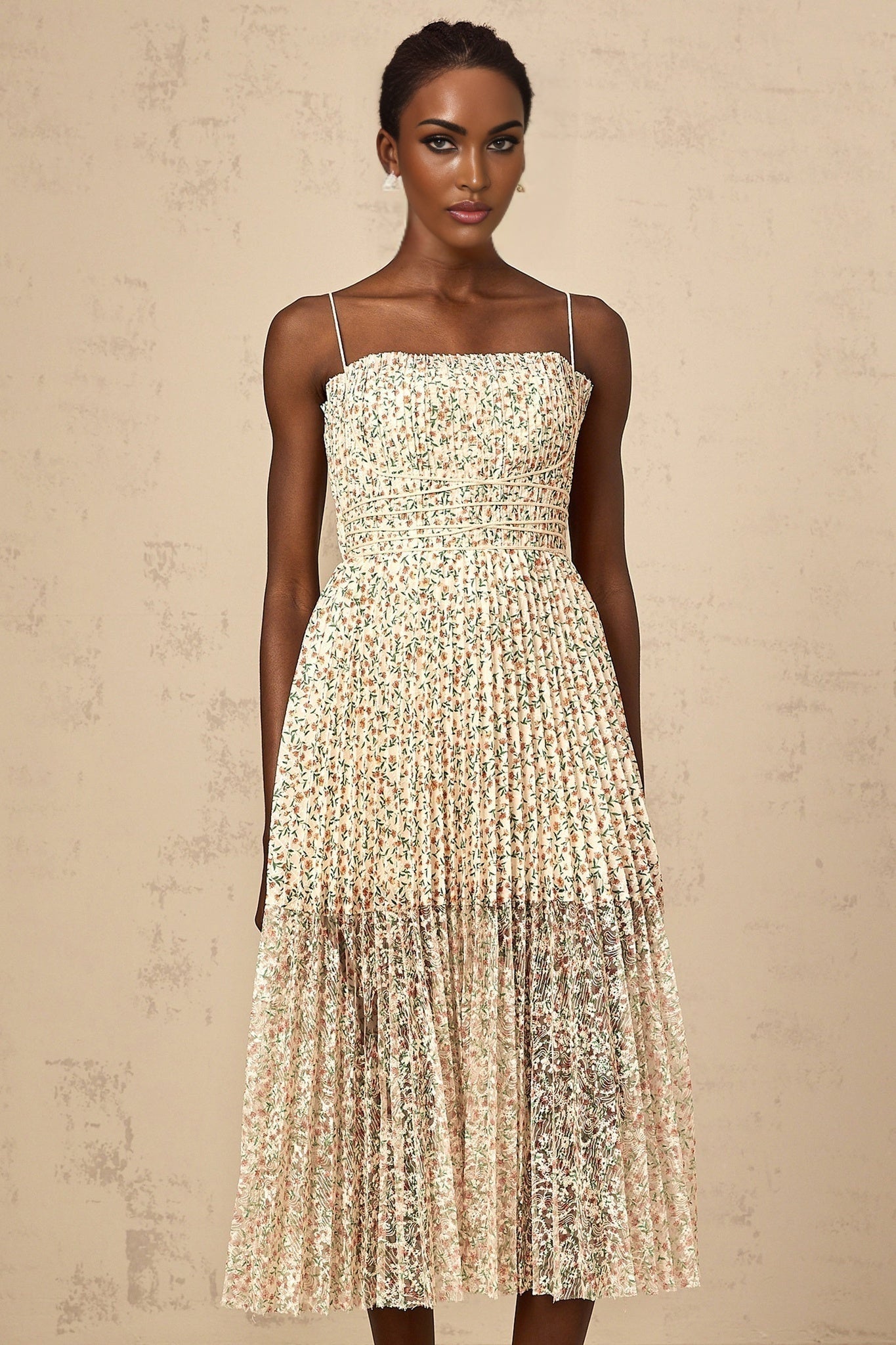 Marion white midi dress with floral print and pleated design