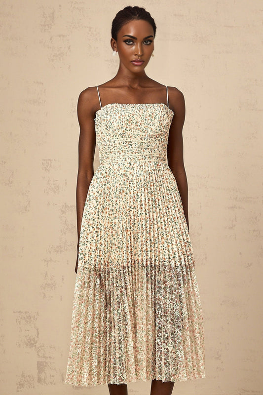 Marion white midi dress with floral print and pleated design