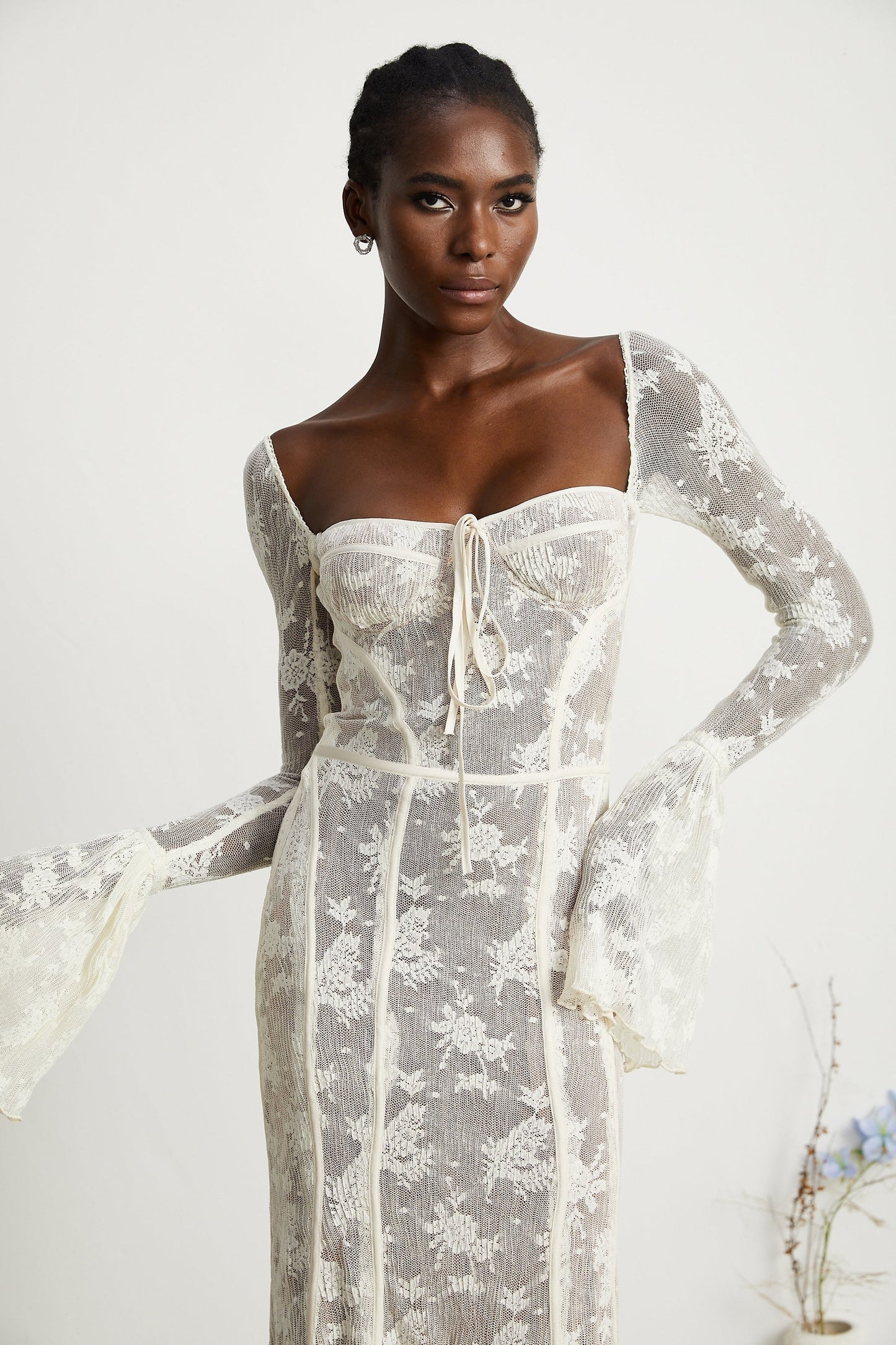 Marlene flared lace maxi dress in White